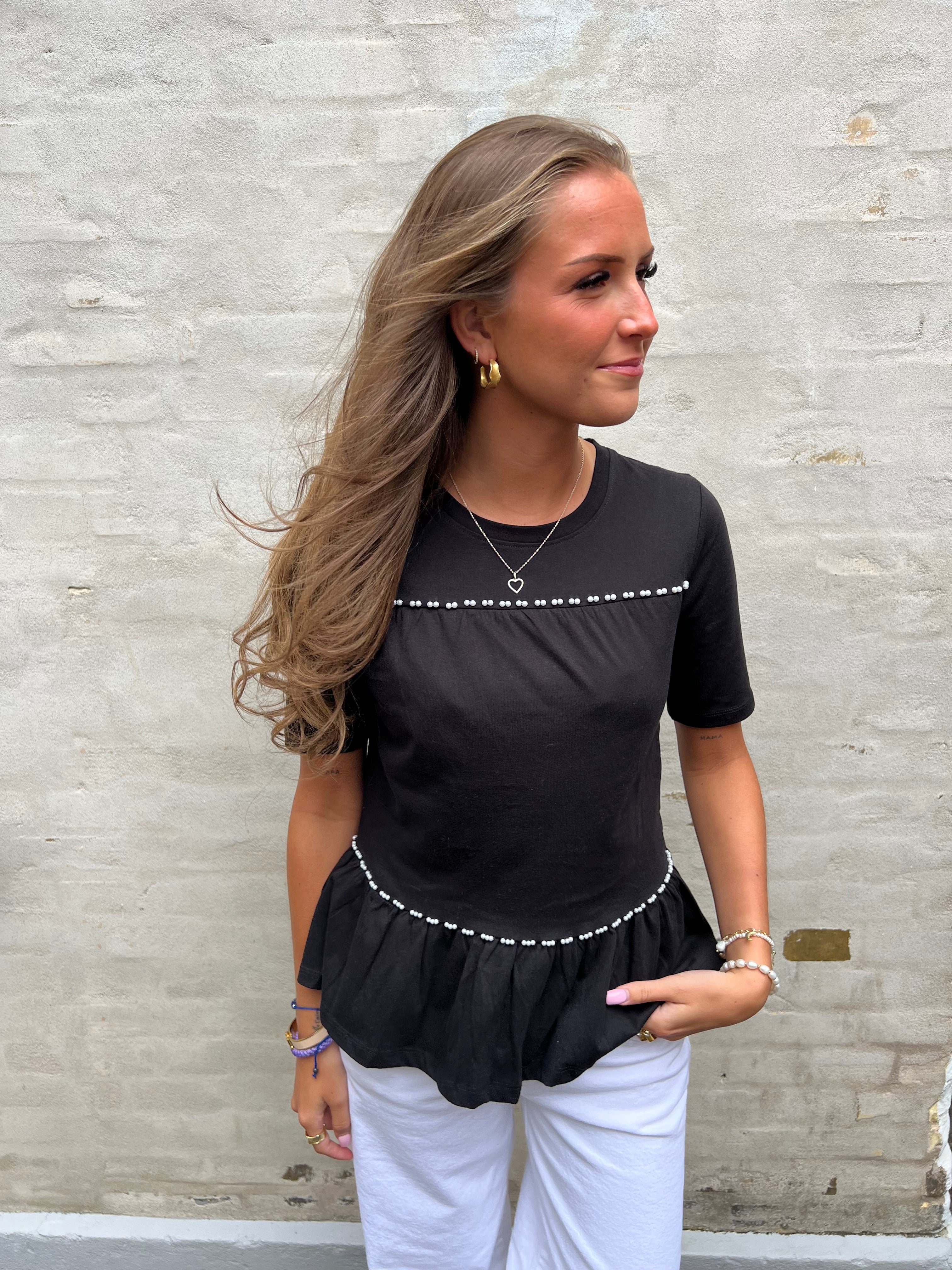 Poula Pearl Top - Svart/VIT PÄRL