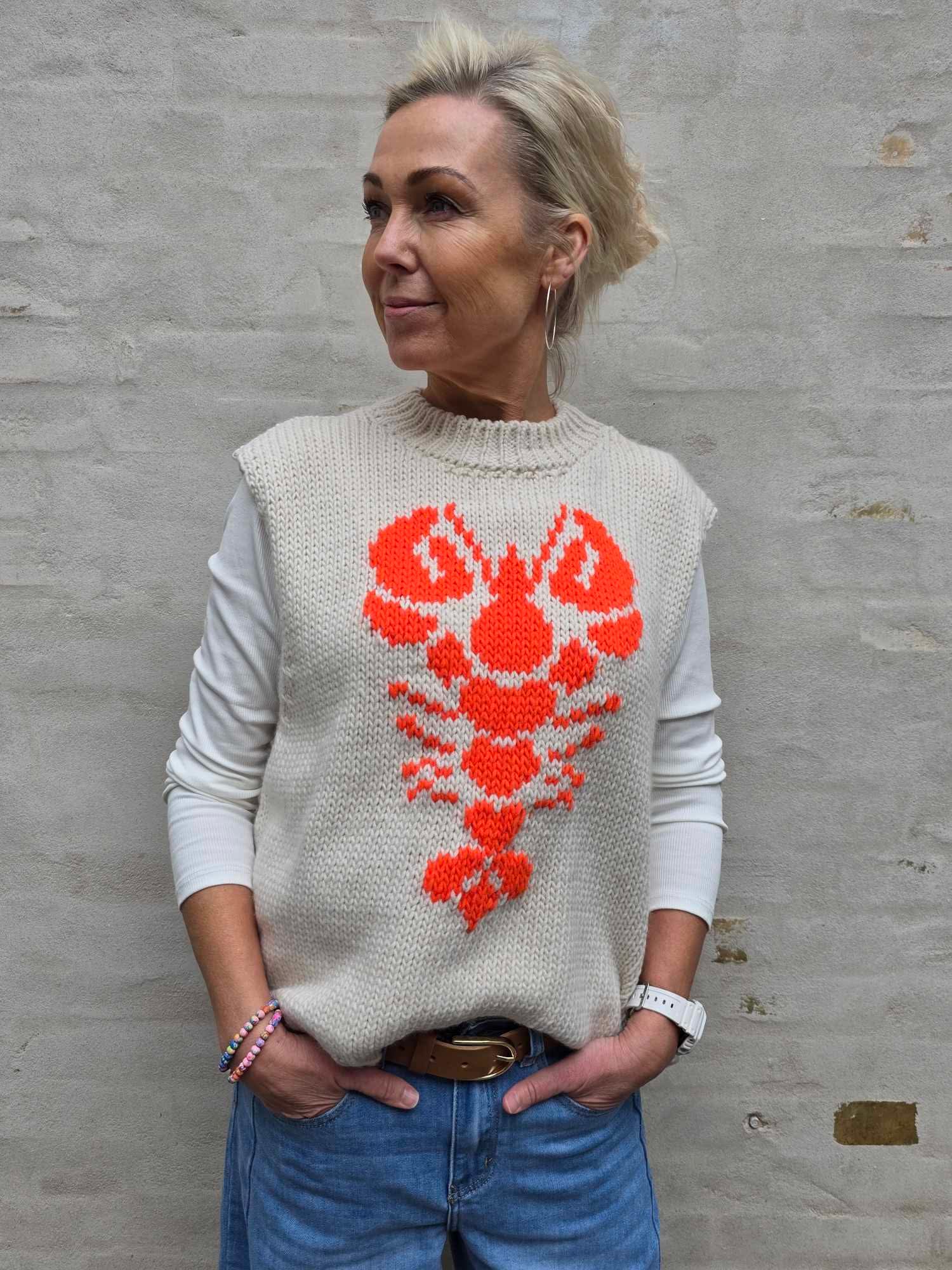 Lobster Knit Vest - Off White/Orange Fluo