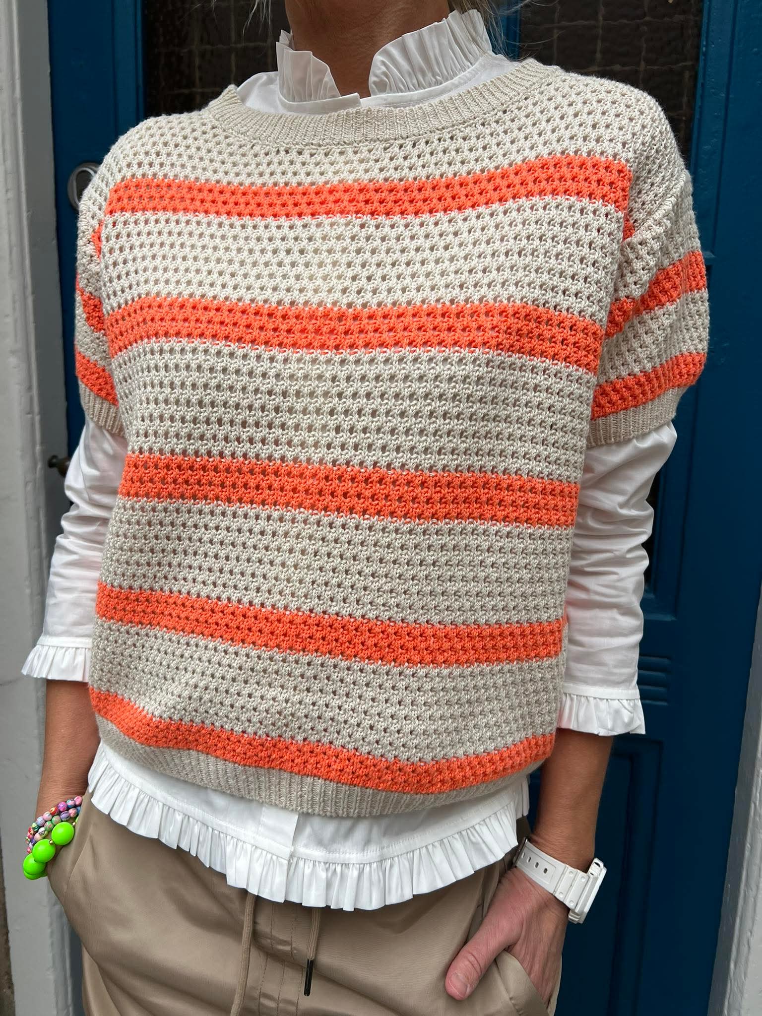 Stickad randig T-shirt - Benvit/Orange