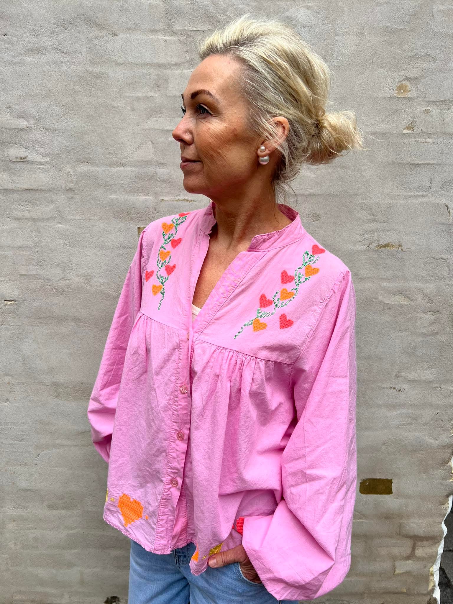 Lux skjorta m. Broderi - Rosa