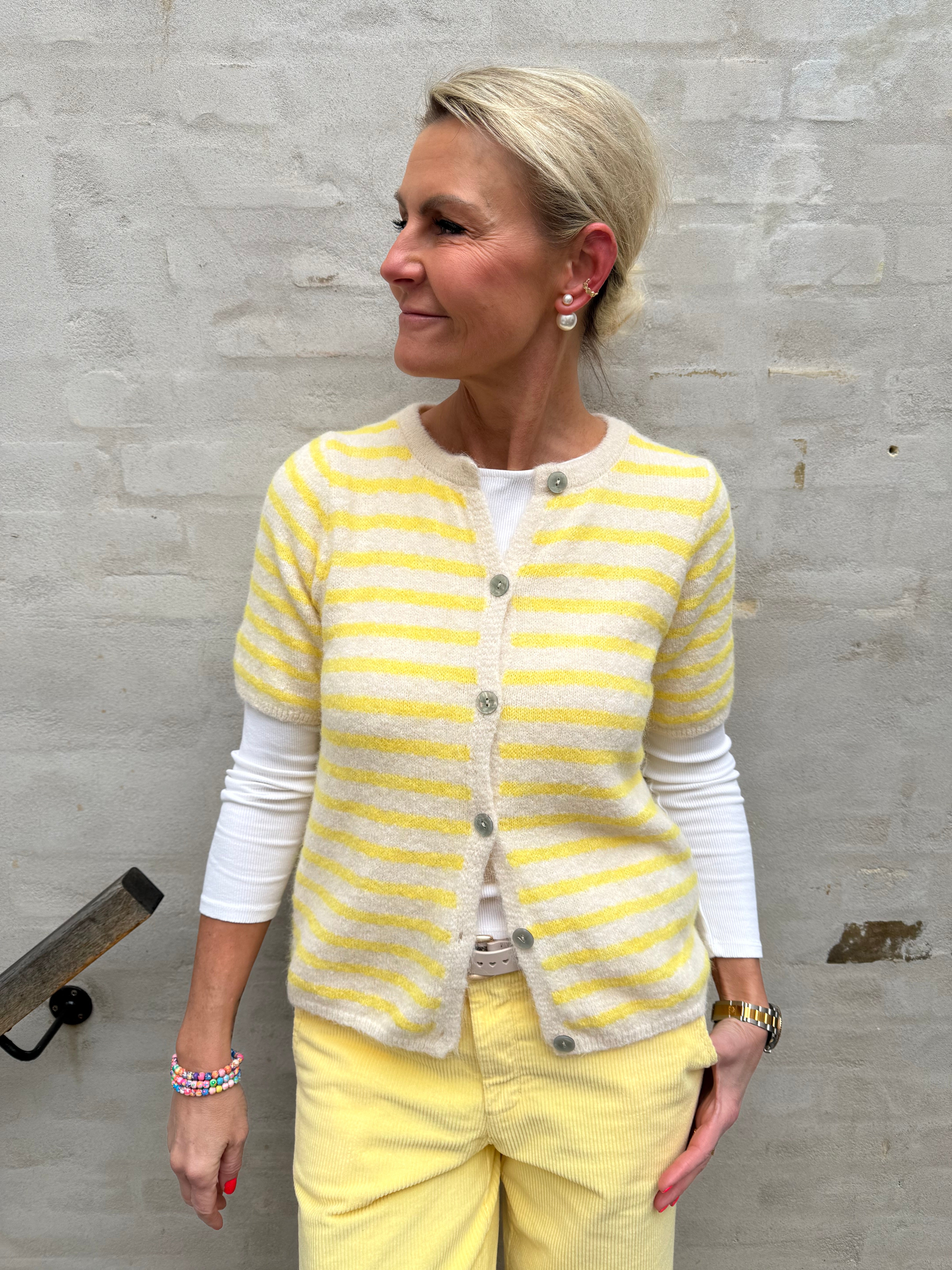 Randig T-shirt Cardigan - Benvit/Gul