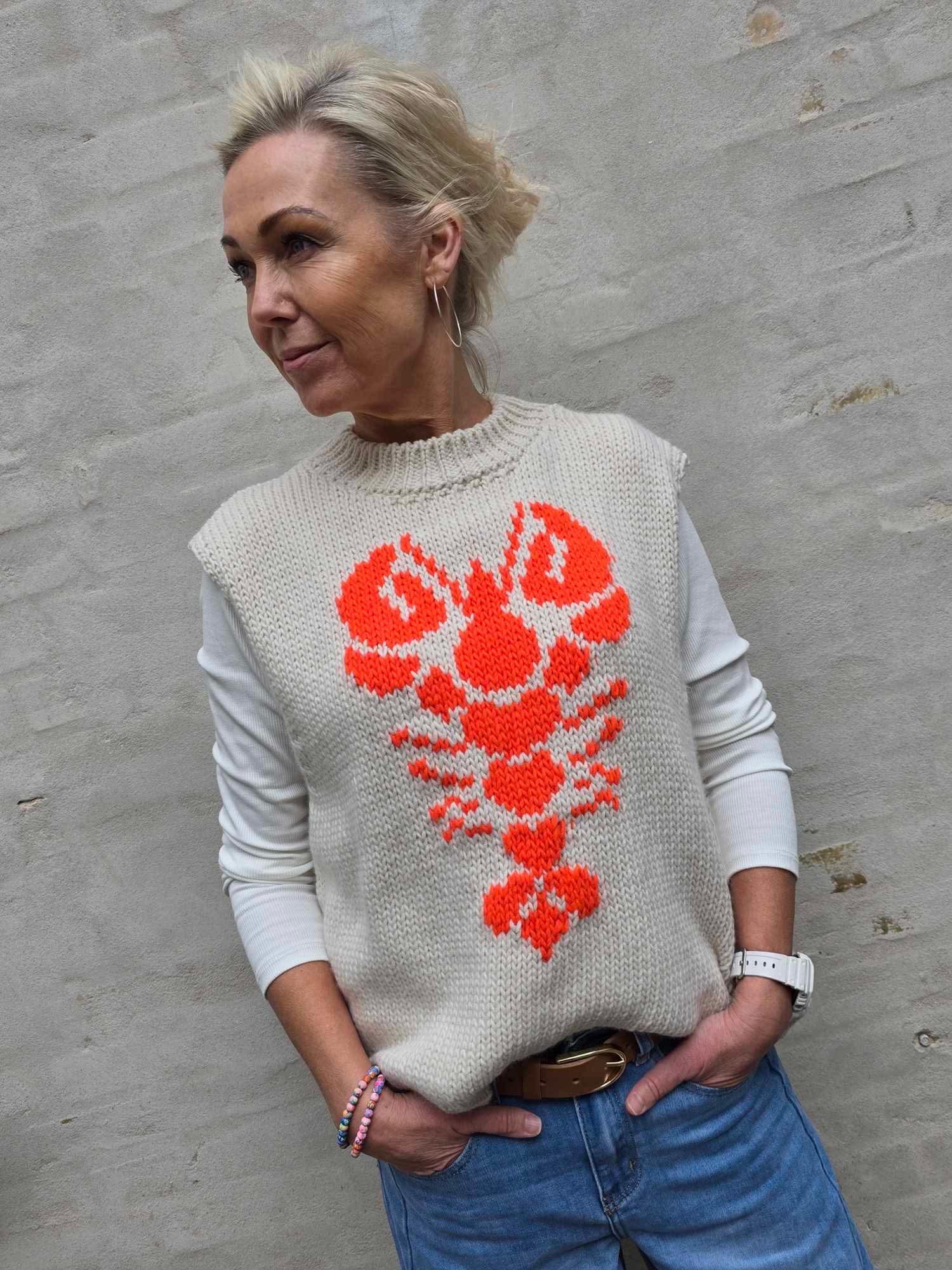 Lobster Knit Vest - Off White/Orange Fluo