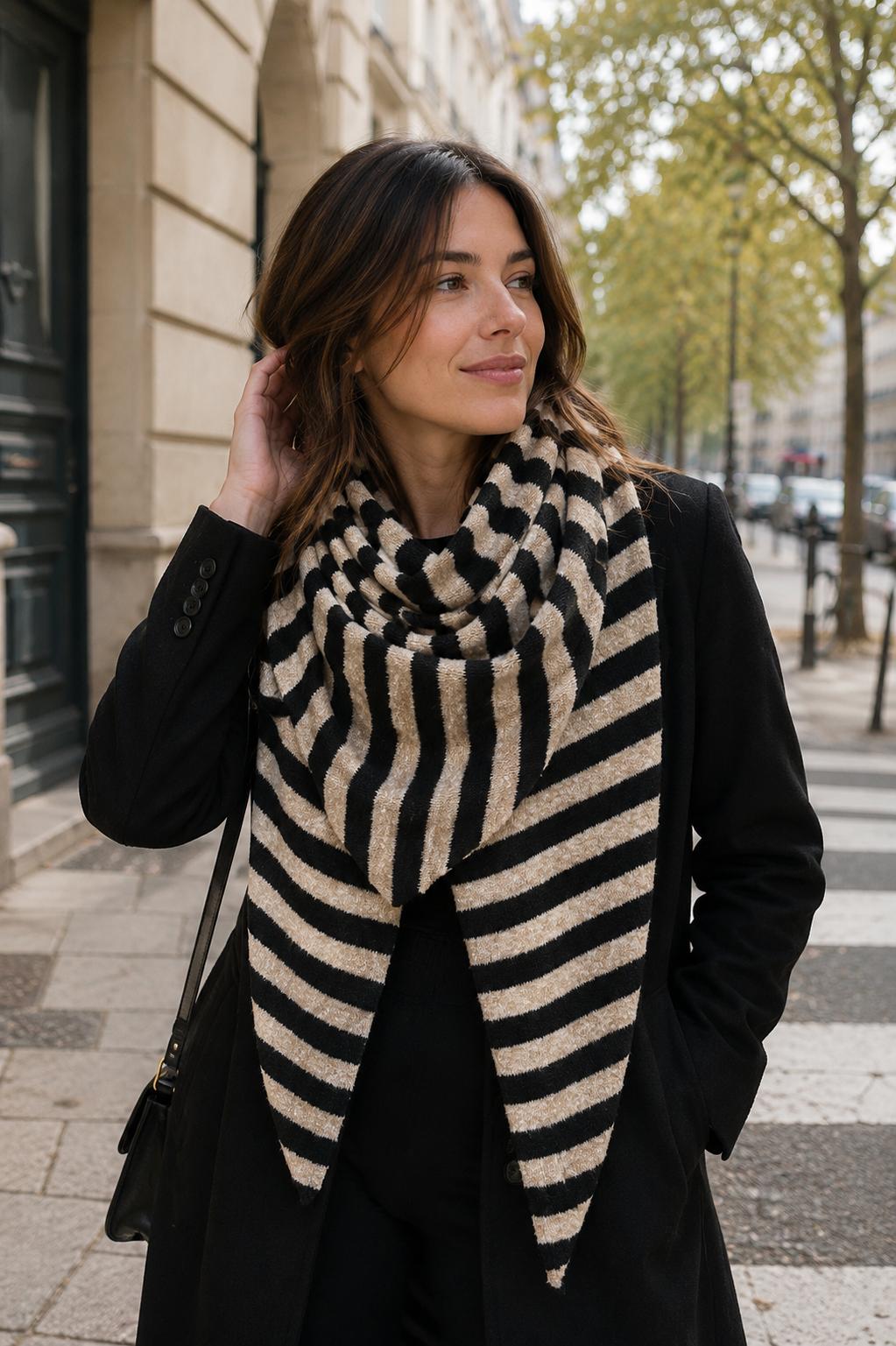 Big Knit Scarf w. Stripes - Black