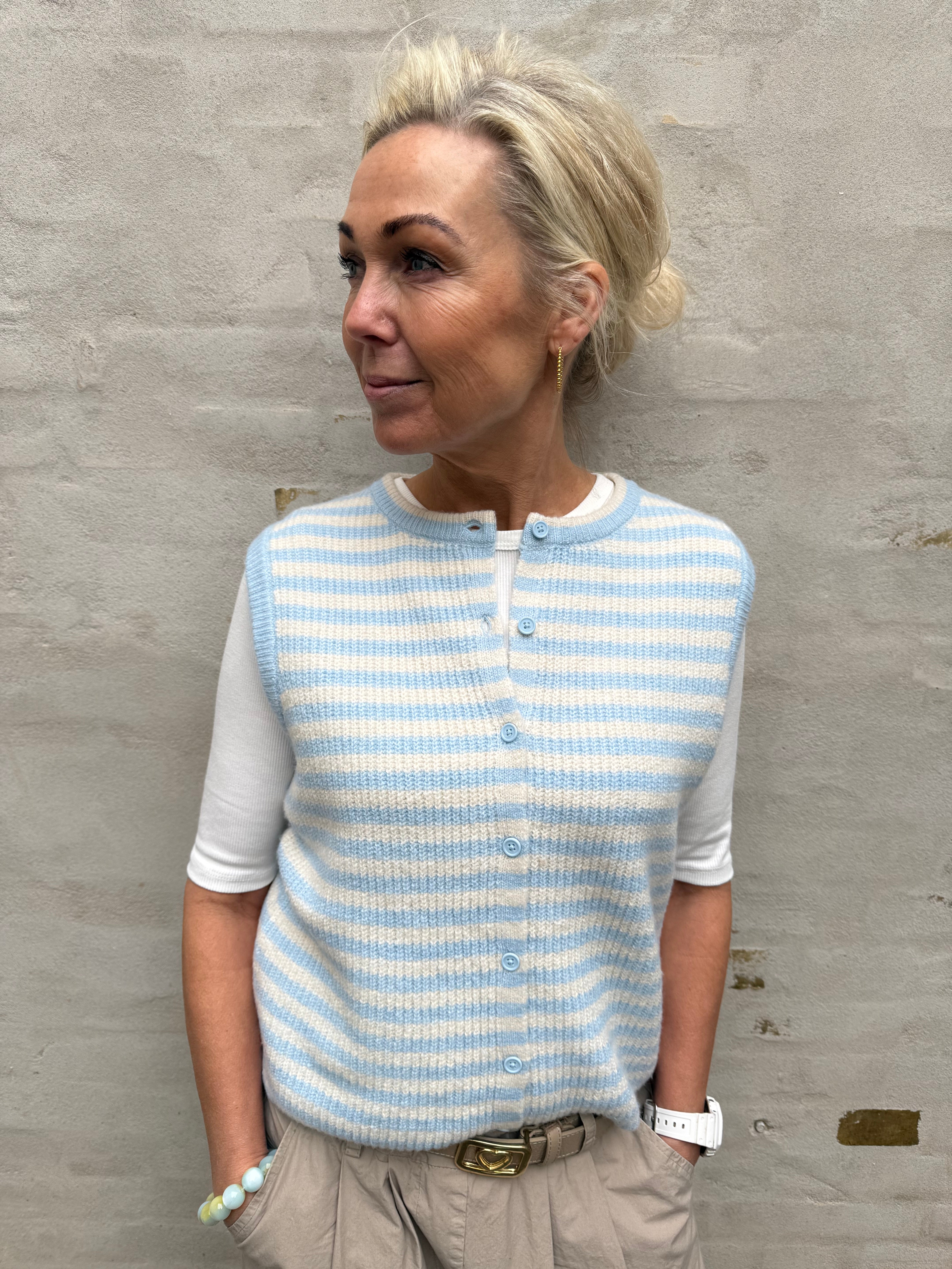 MALOU SL O-NECK STRIPE CARDIGAN - Cashmere Blue Birch