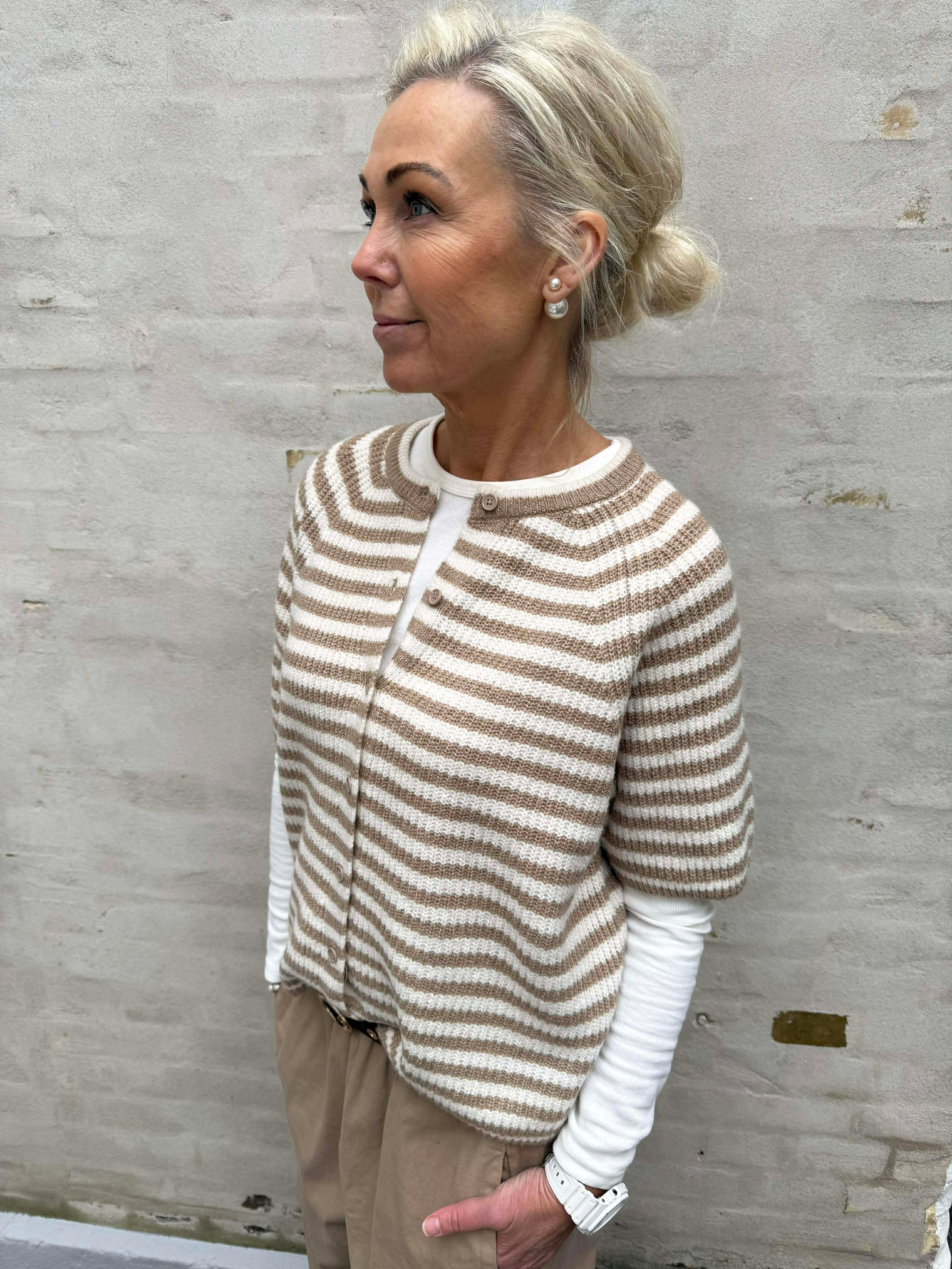 Malou SS O-Neck Stripe Cardigan - Greige Björk