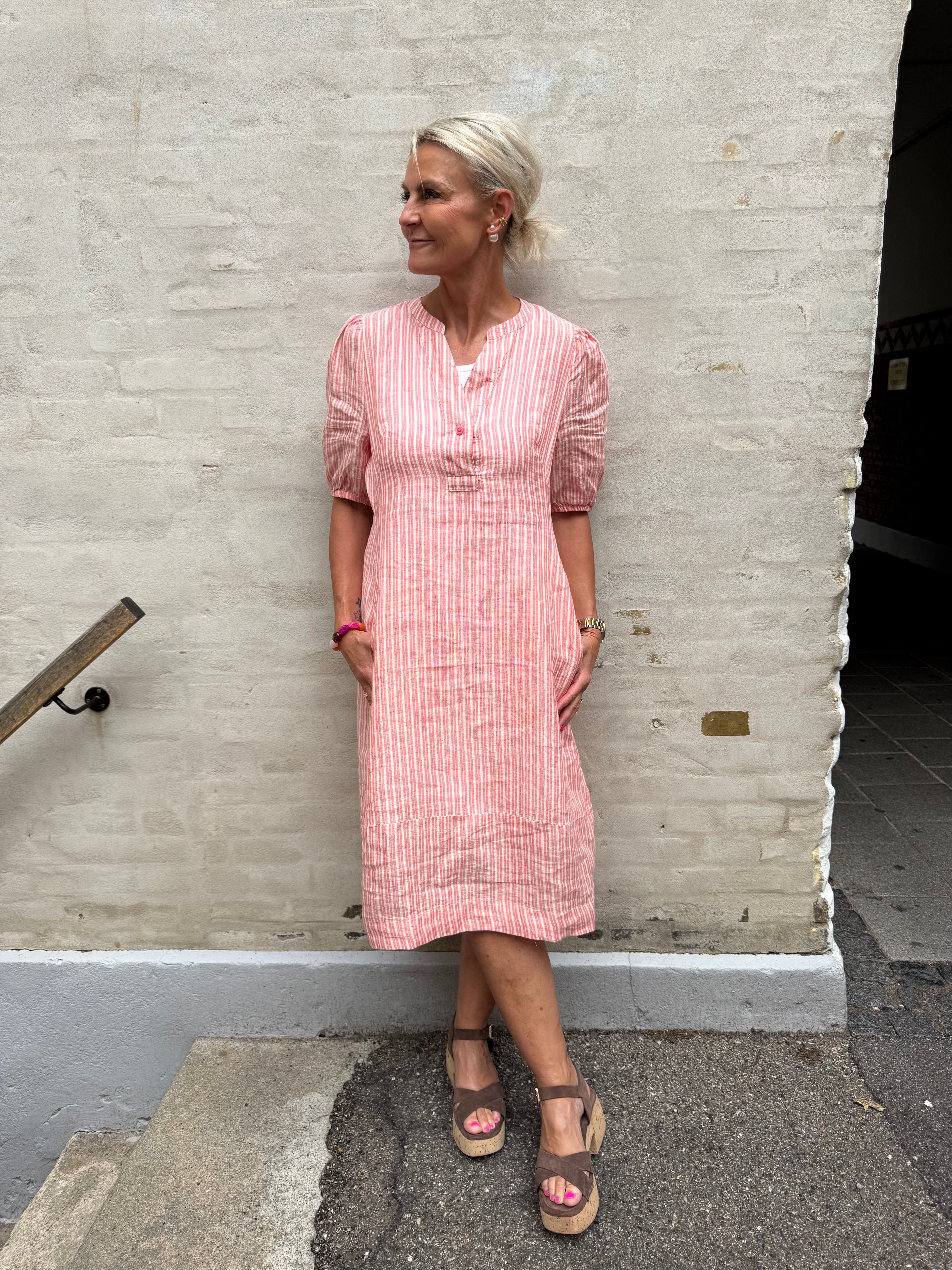 Aniela Molly SS Placket Dress - Sugar Coral/Whitecap Stripe
