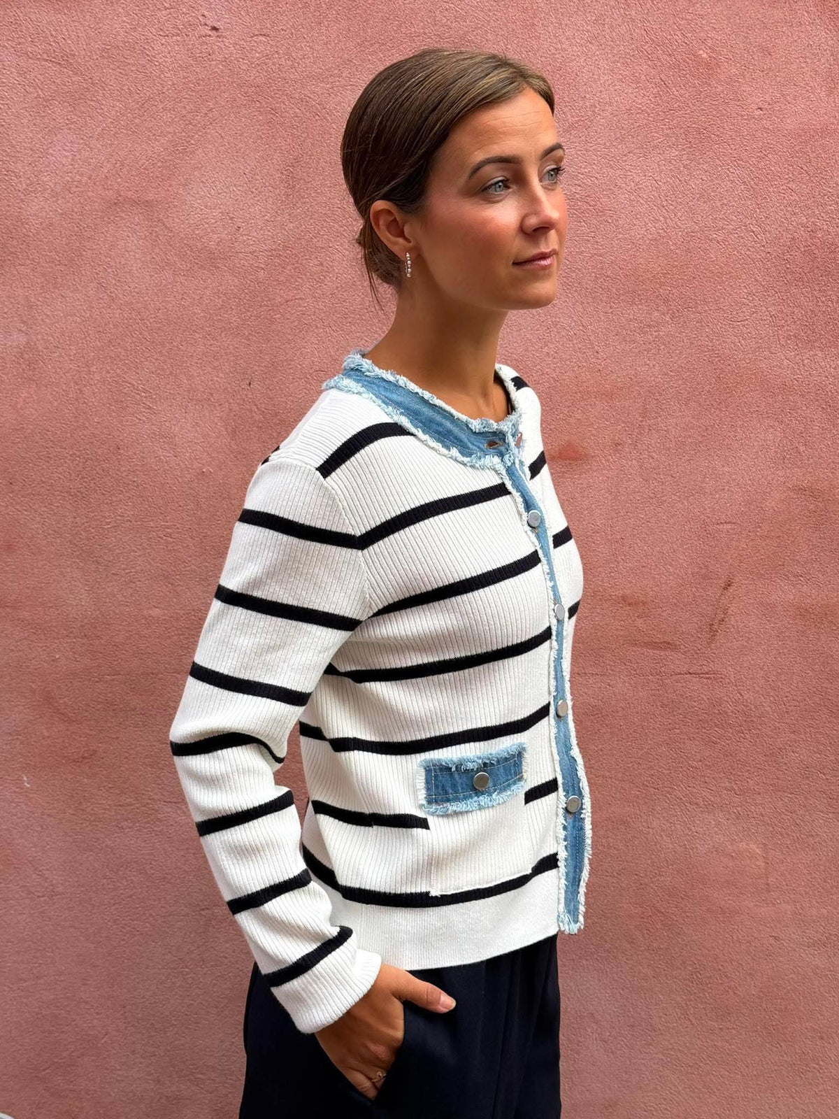 Zelma Stripe Denim Cardigan - Off White