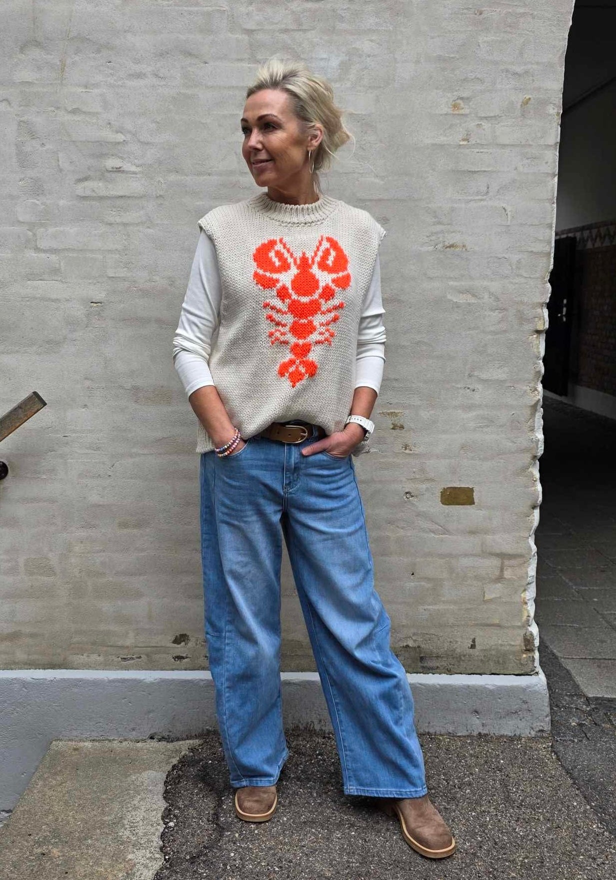 Lobster Knit Vest - Off White/Orange Fluo