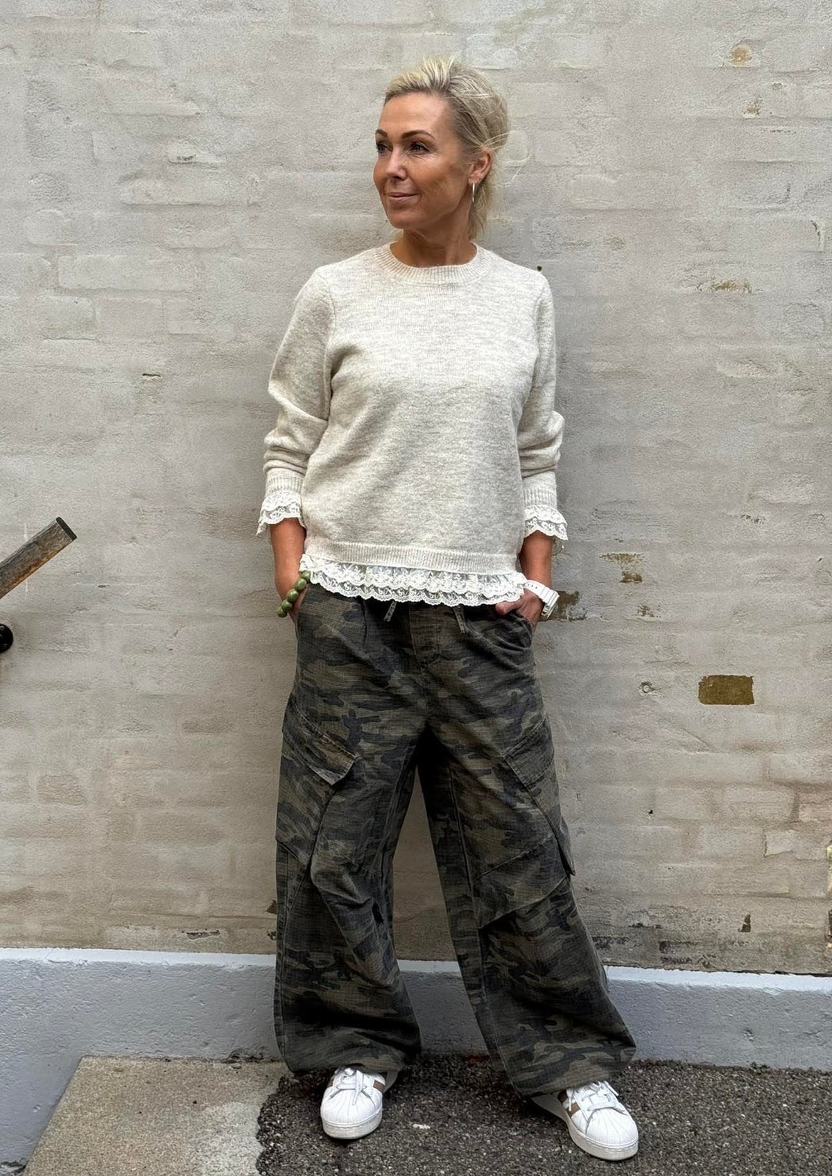 VAKA LS O-NECK LACE KNIT - Whitecap Gray/Melange