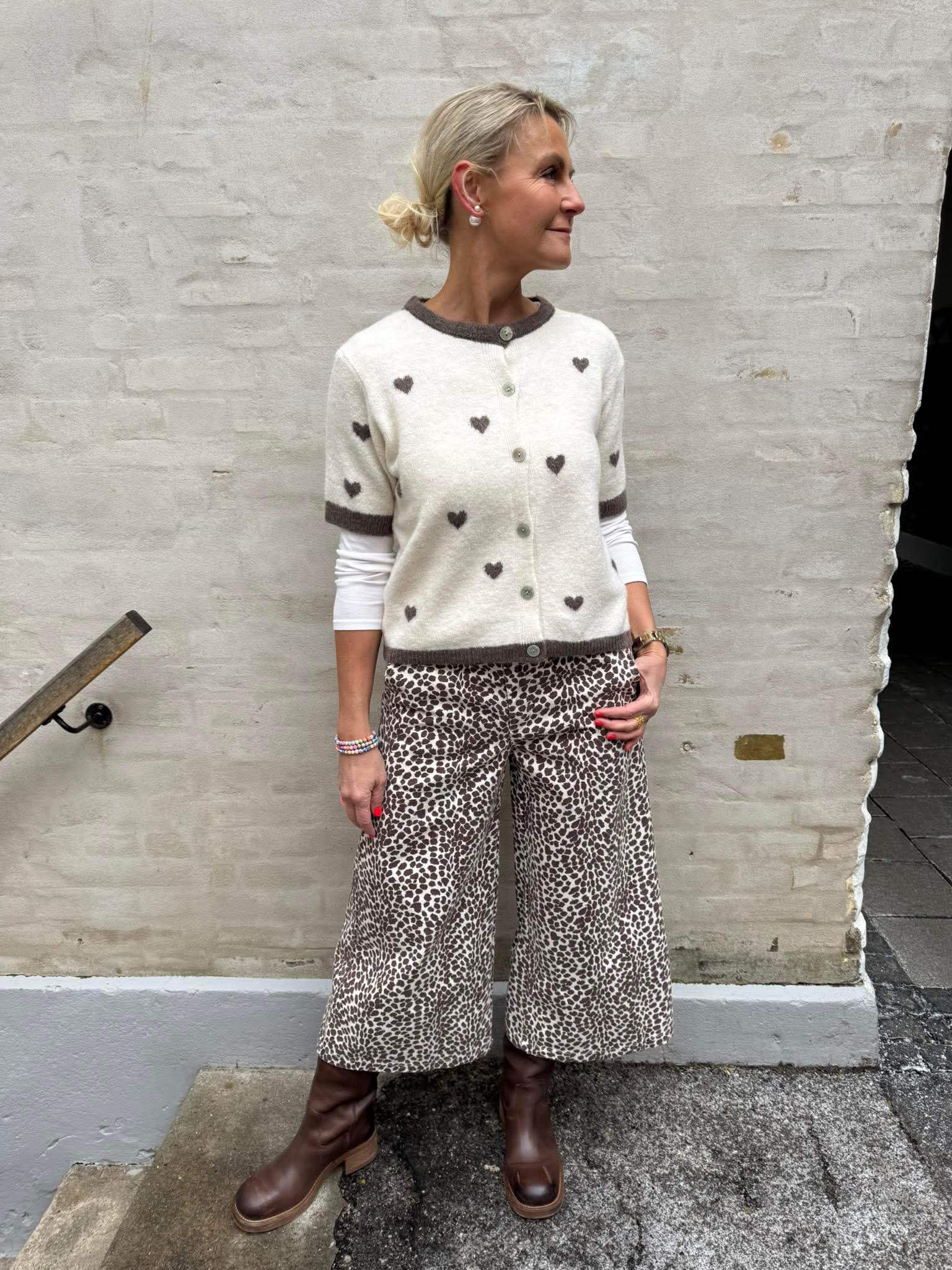 T-shirt Cardigan med hjärtan - Off White/Mud