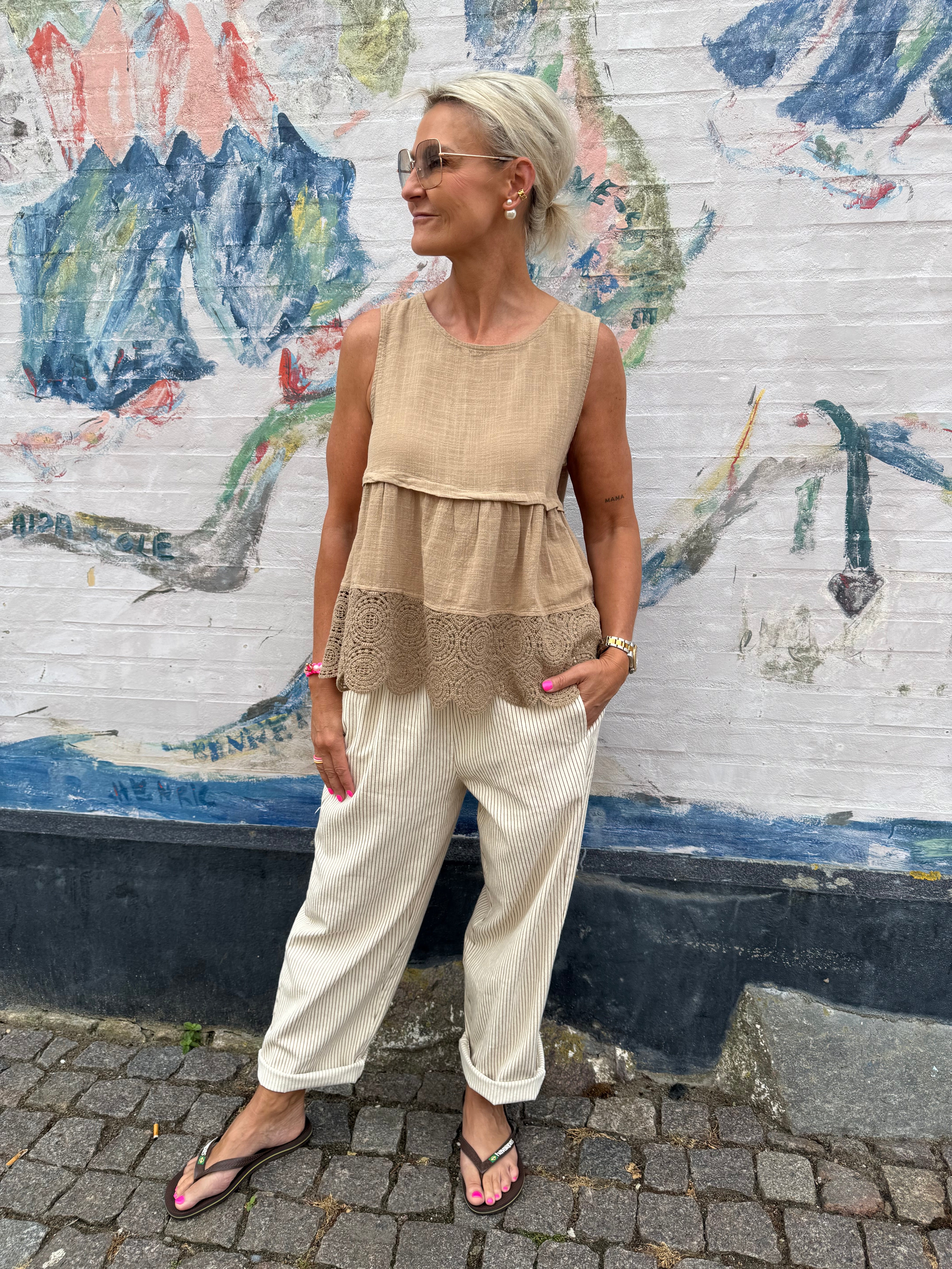 Paola Striped Pants - Off White/Light Beige