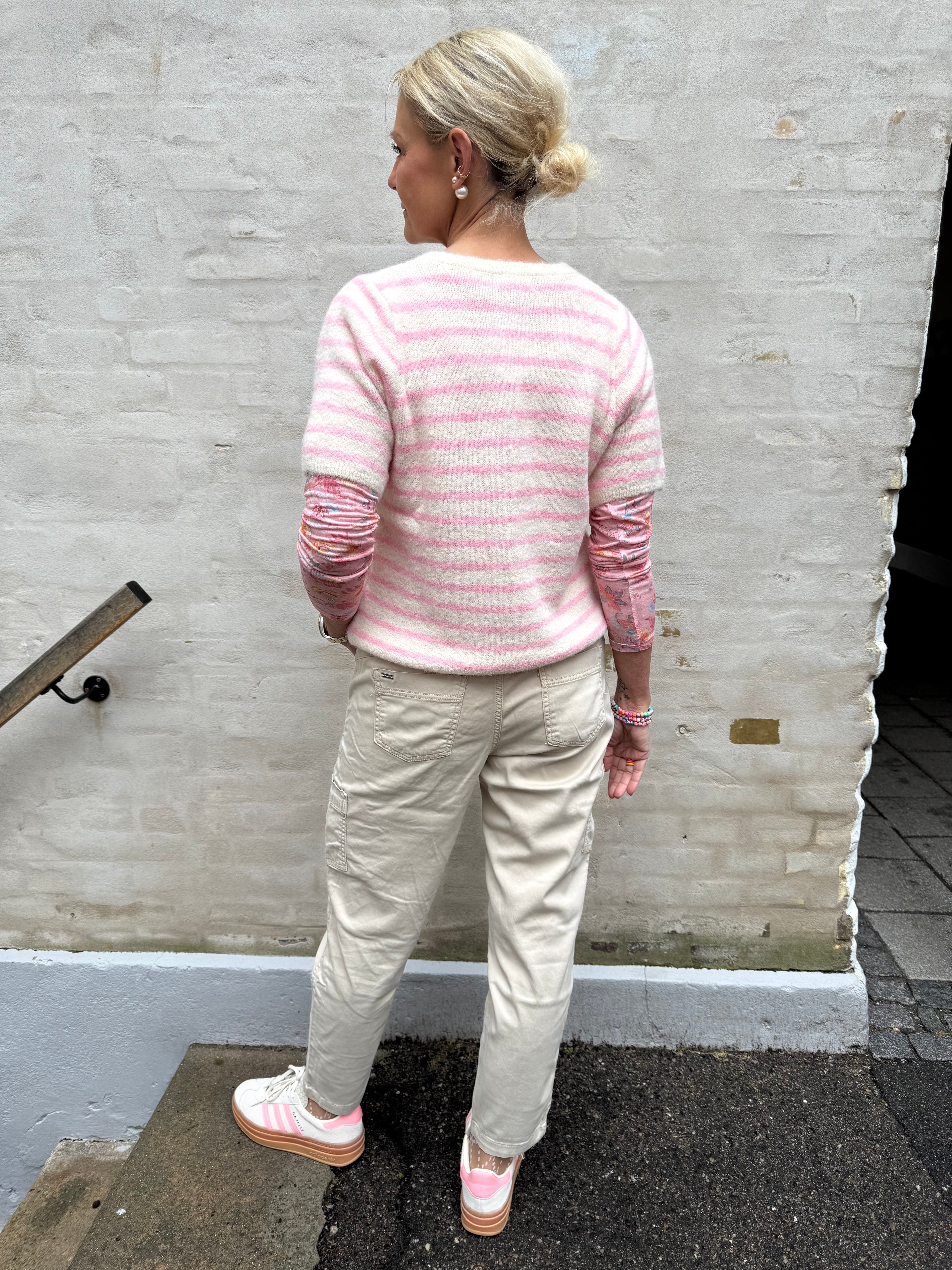 Randig T-shirt Cardigan - Benvit/Ljusrosa