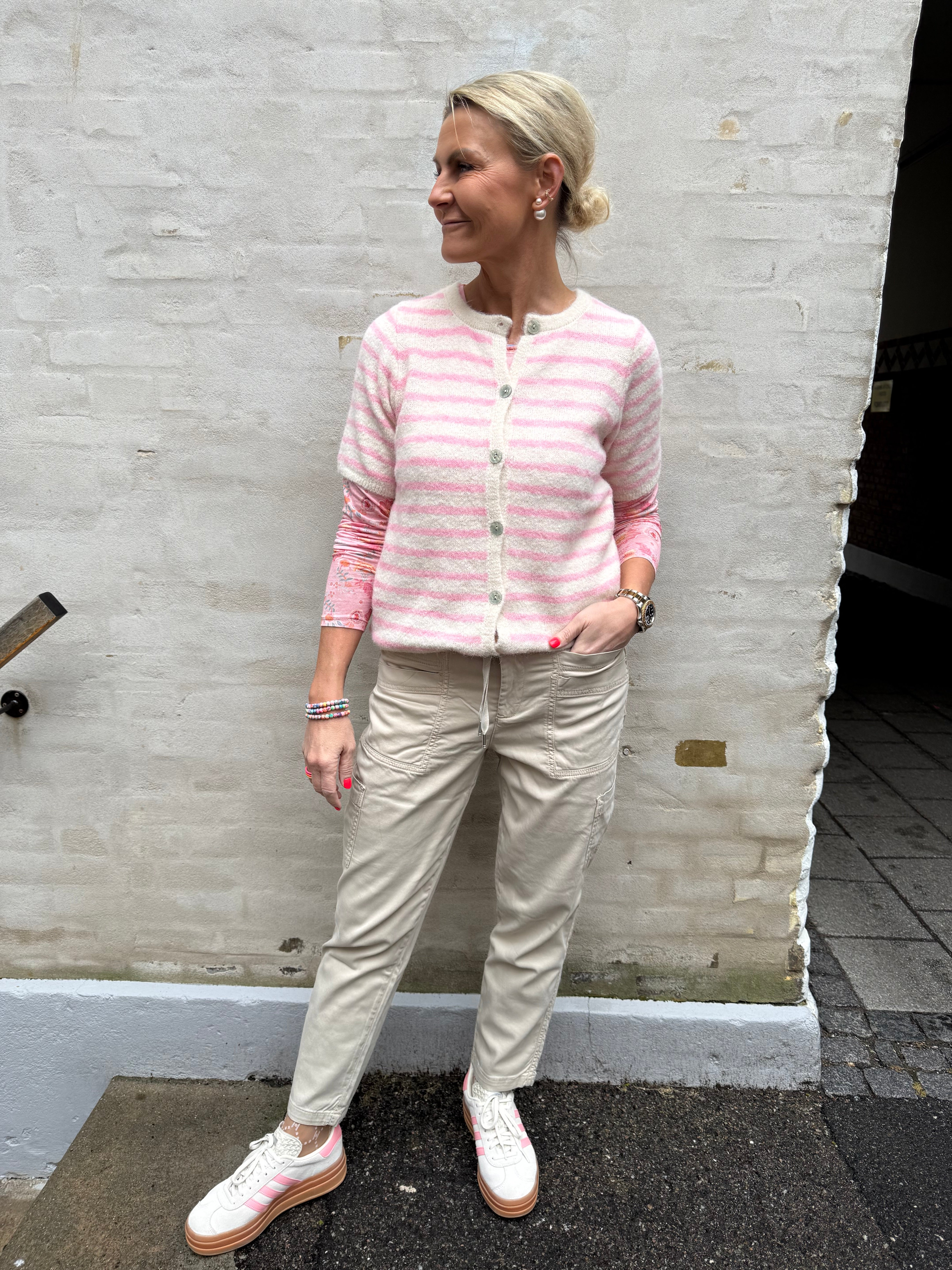 Randig T-shirt Cardigan - Benvit/Ljusrosa