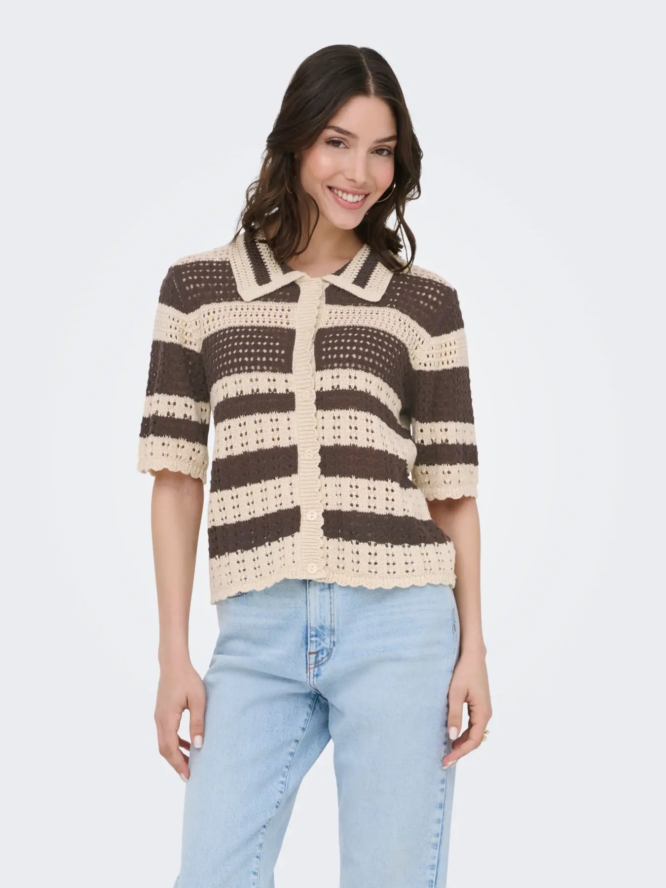 ROBIN 2/4 COLLAR CARDIGAN - Sandshell WITH BRACKEN STRIPES
