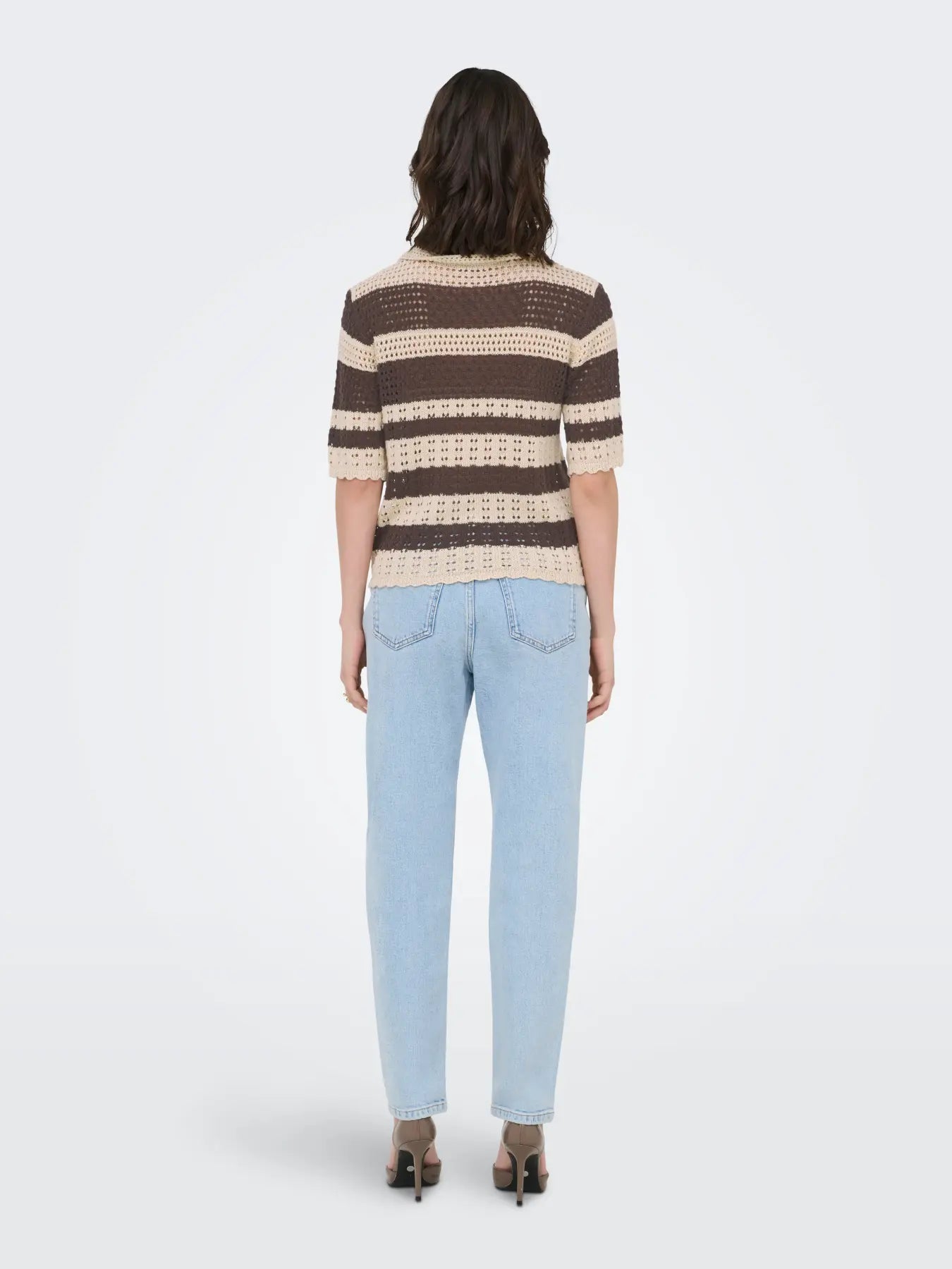 ROBIN 2/4 COLLAR CARDIGAN - Sandshell WITH BRACKEN STRIPES