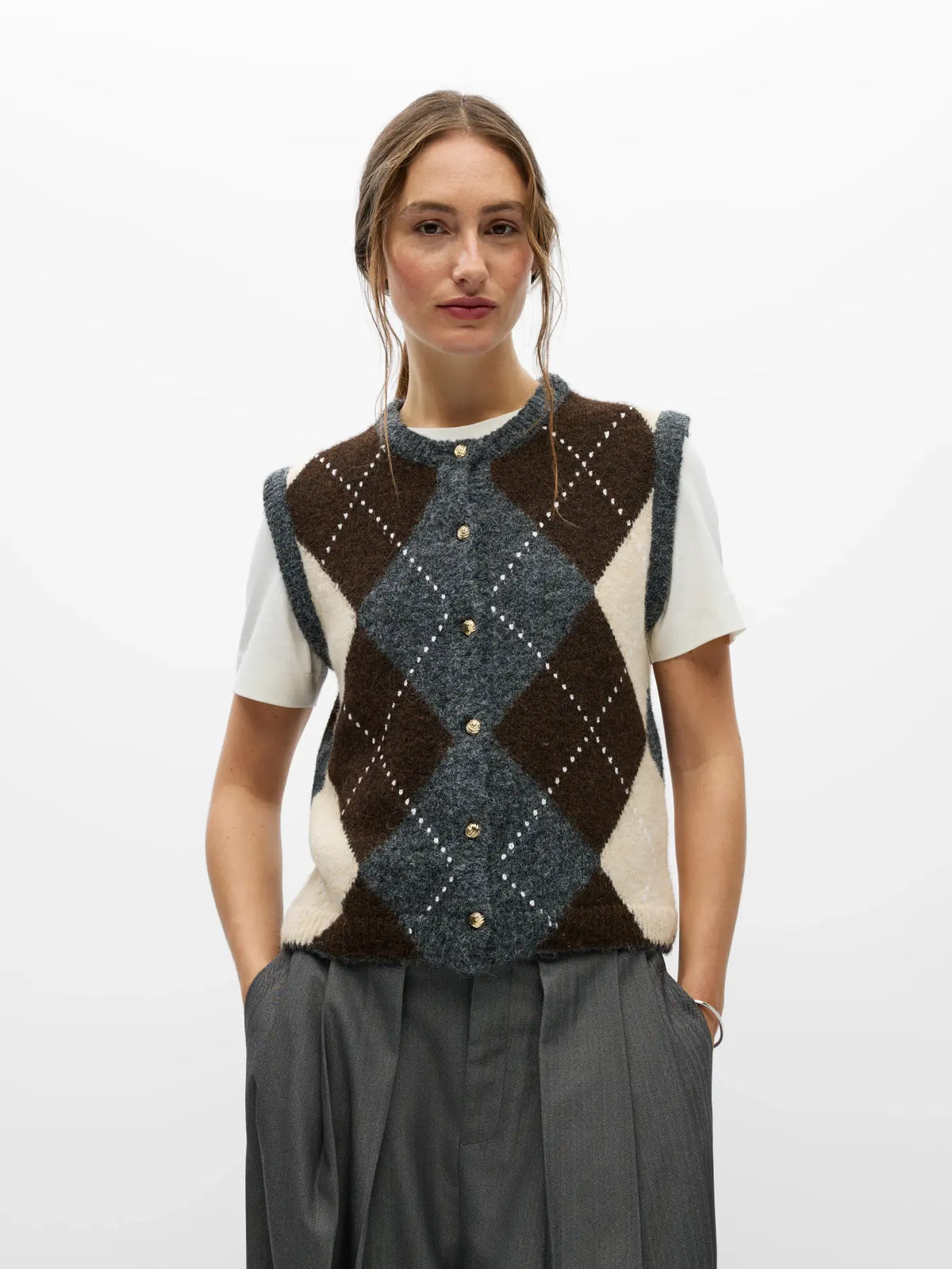 BRENDA RE KNIT VEST CARDIGAN - Medium Grey Melange/Seal Brown