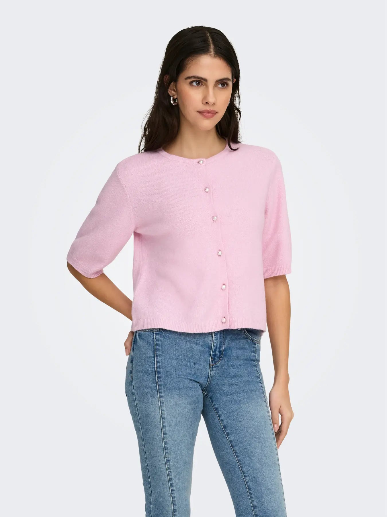 RUE LIFE PEARL CARDIGAN - Lila/Melange Vit pärlknapp