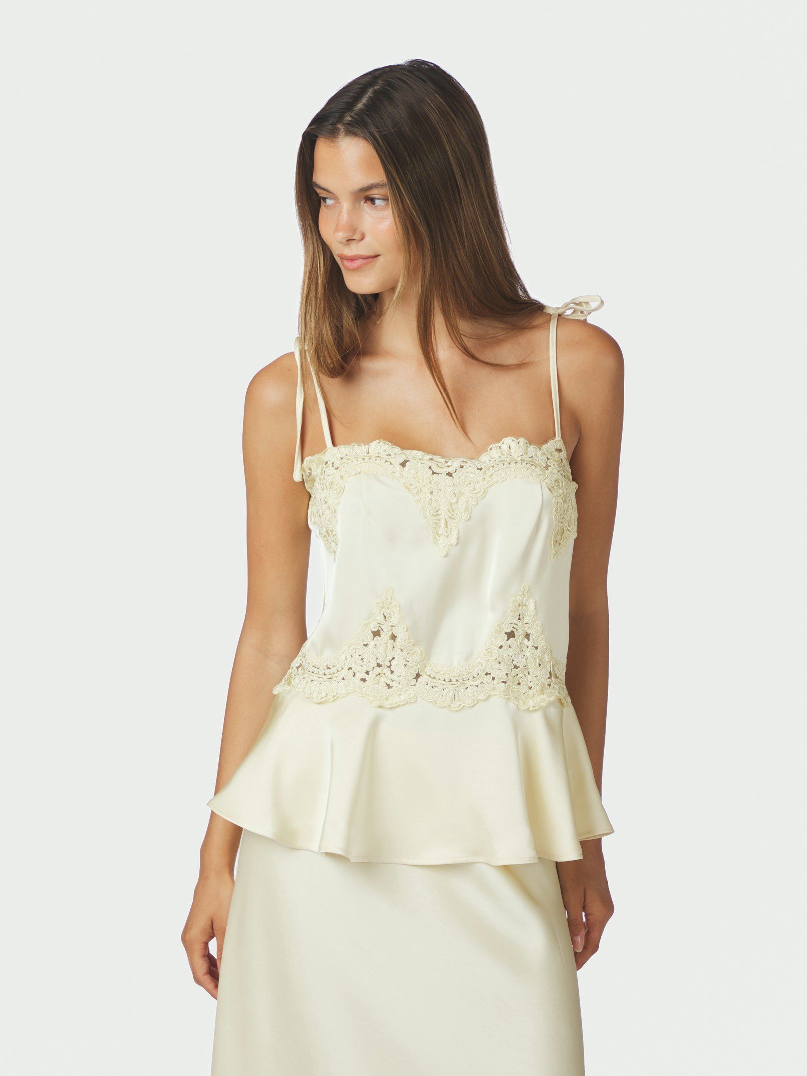 Kaela Heavy Sateen Lace Top - Pearl