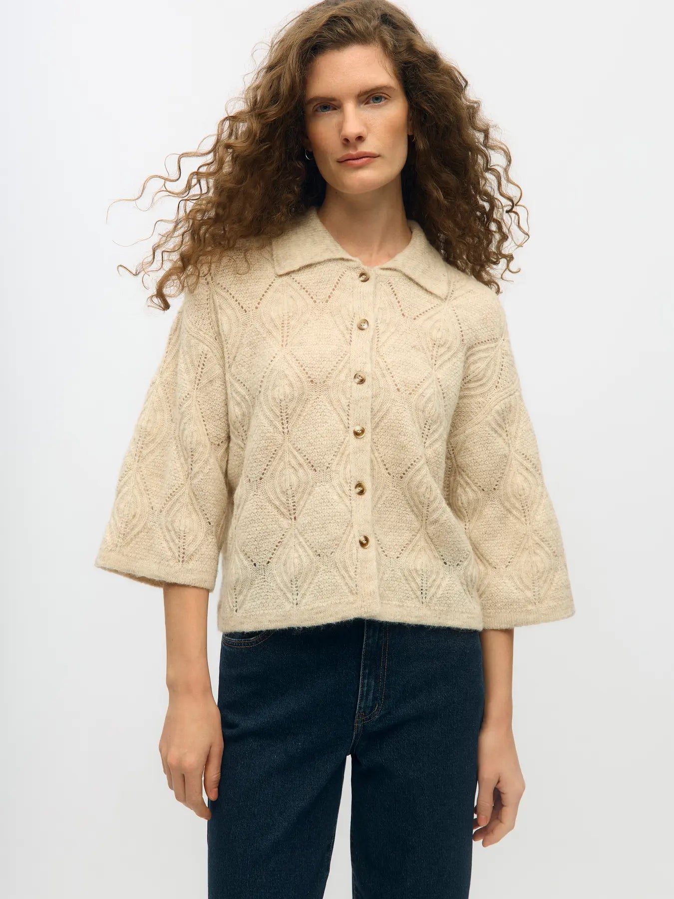 KAISA FLORA 3/4 LO KNIT CARDIGAN - Birch Melange