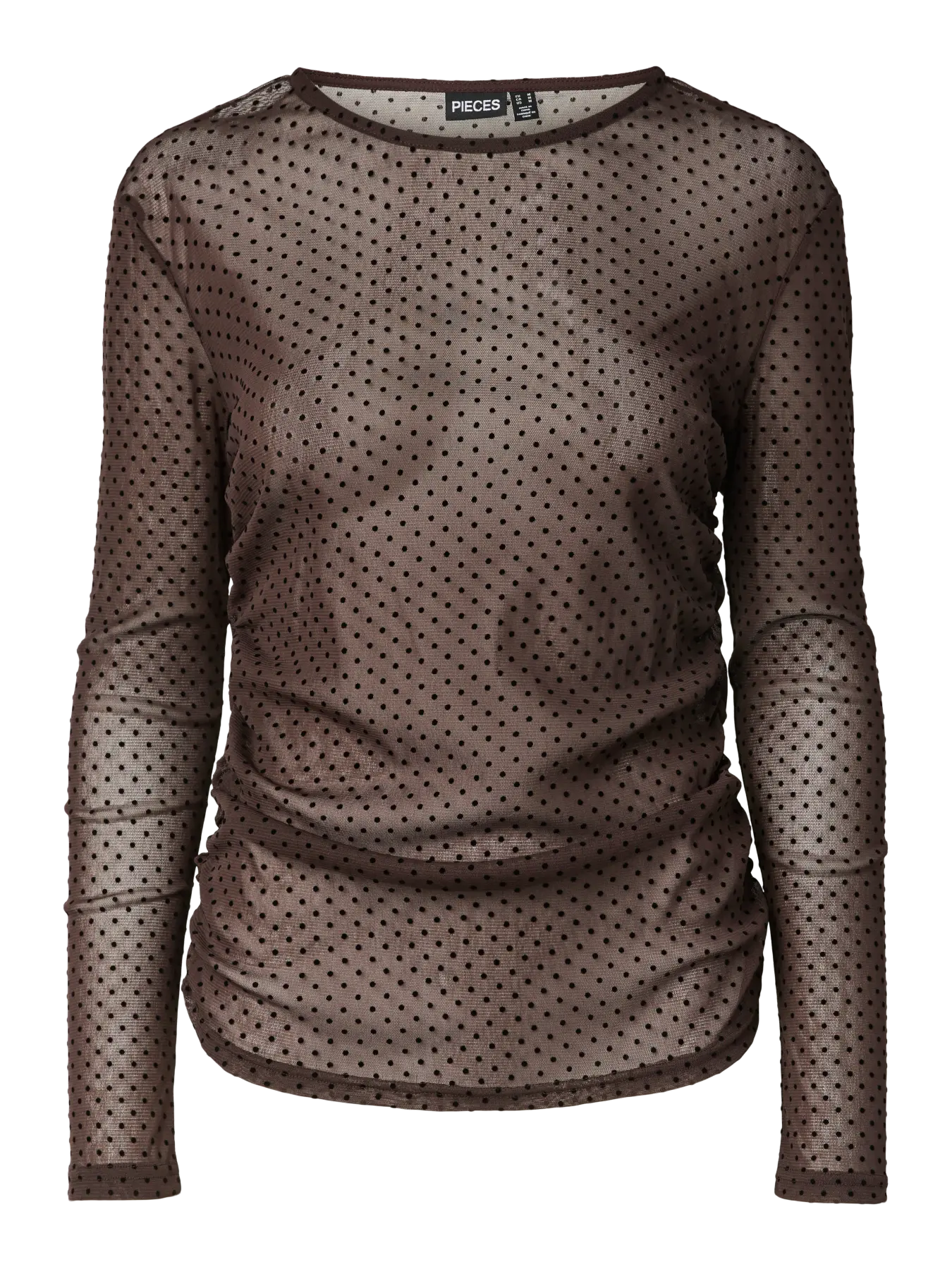 BOBO LS MESH ROUCHING TOP - Hot Fudge/TINY BLACK DOTS