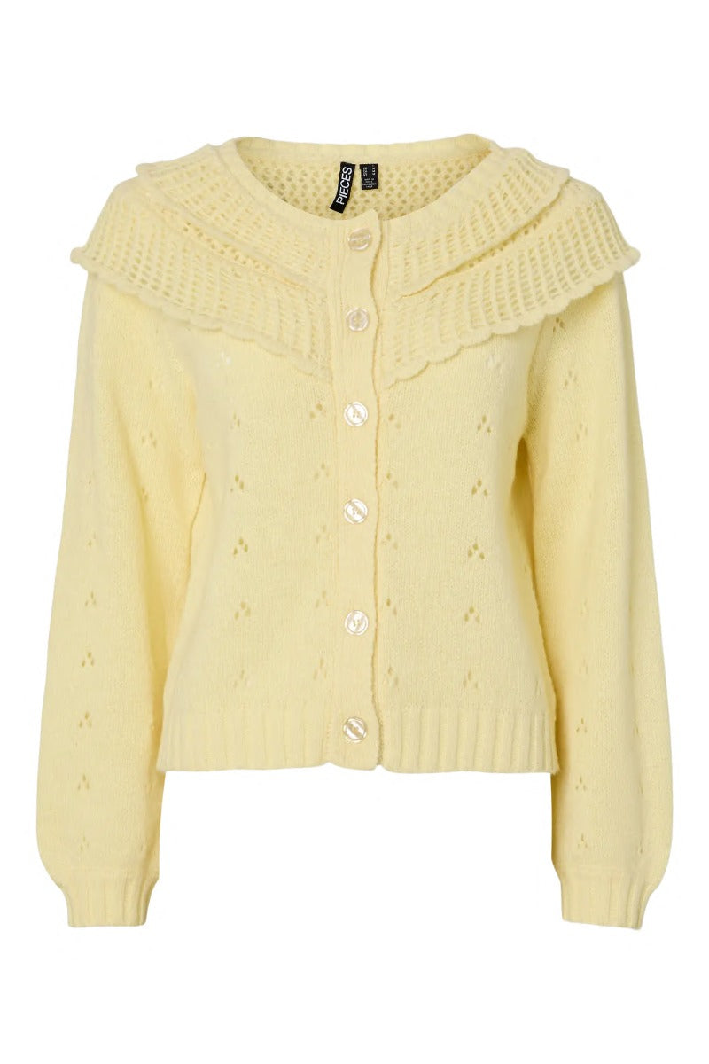 DAVIS LS O-NECK FRILL CARDIGAN - Fransk Vanilj