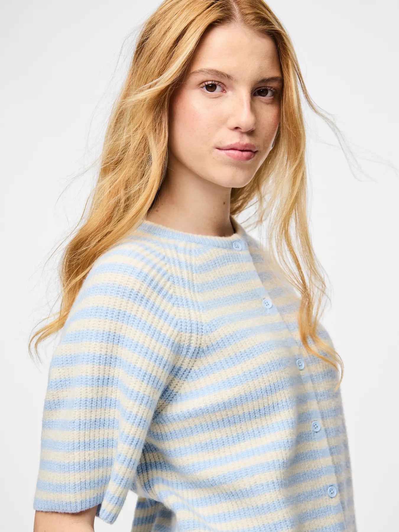 Malou SS O-Neck Stripe Cardigan - Cashmere Blue Birch