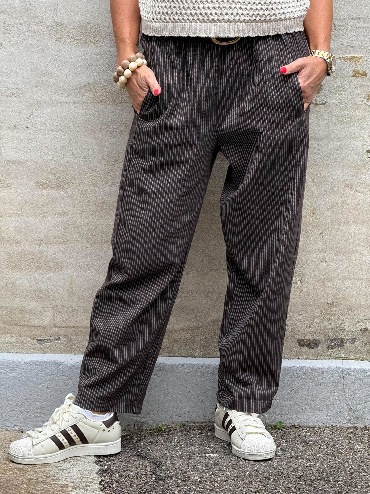 Paola Striped Pants - Dark Brown Striped
