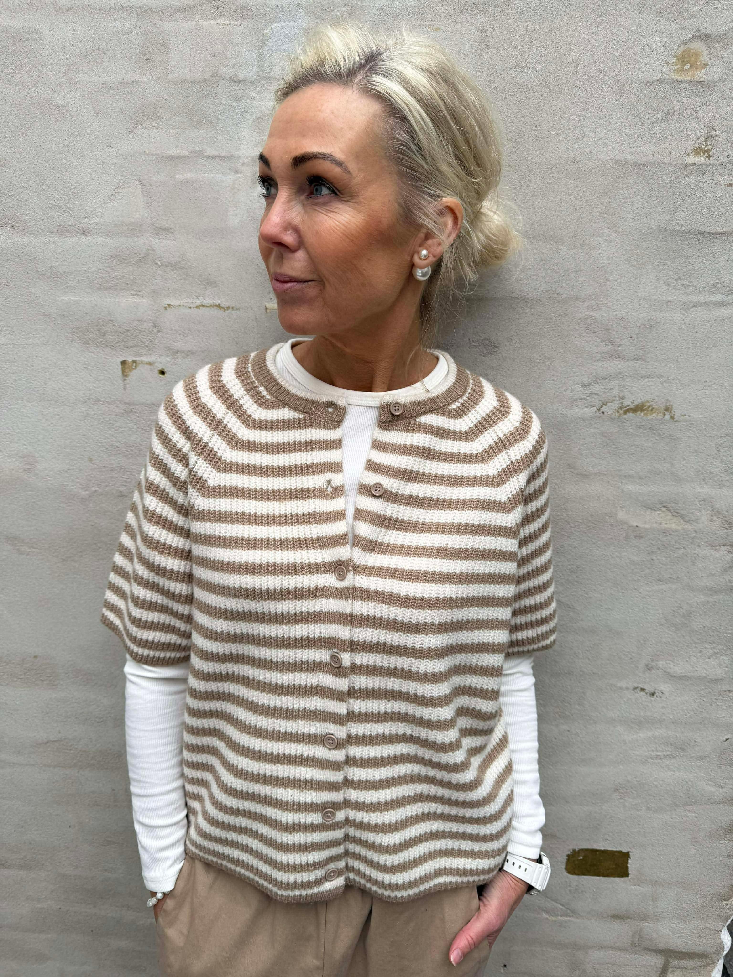 Malou SS O-Neck Stripe Cardigan - Greige Björk