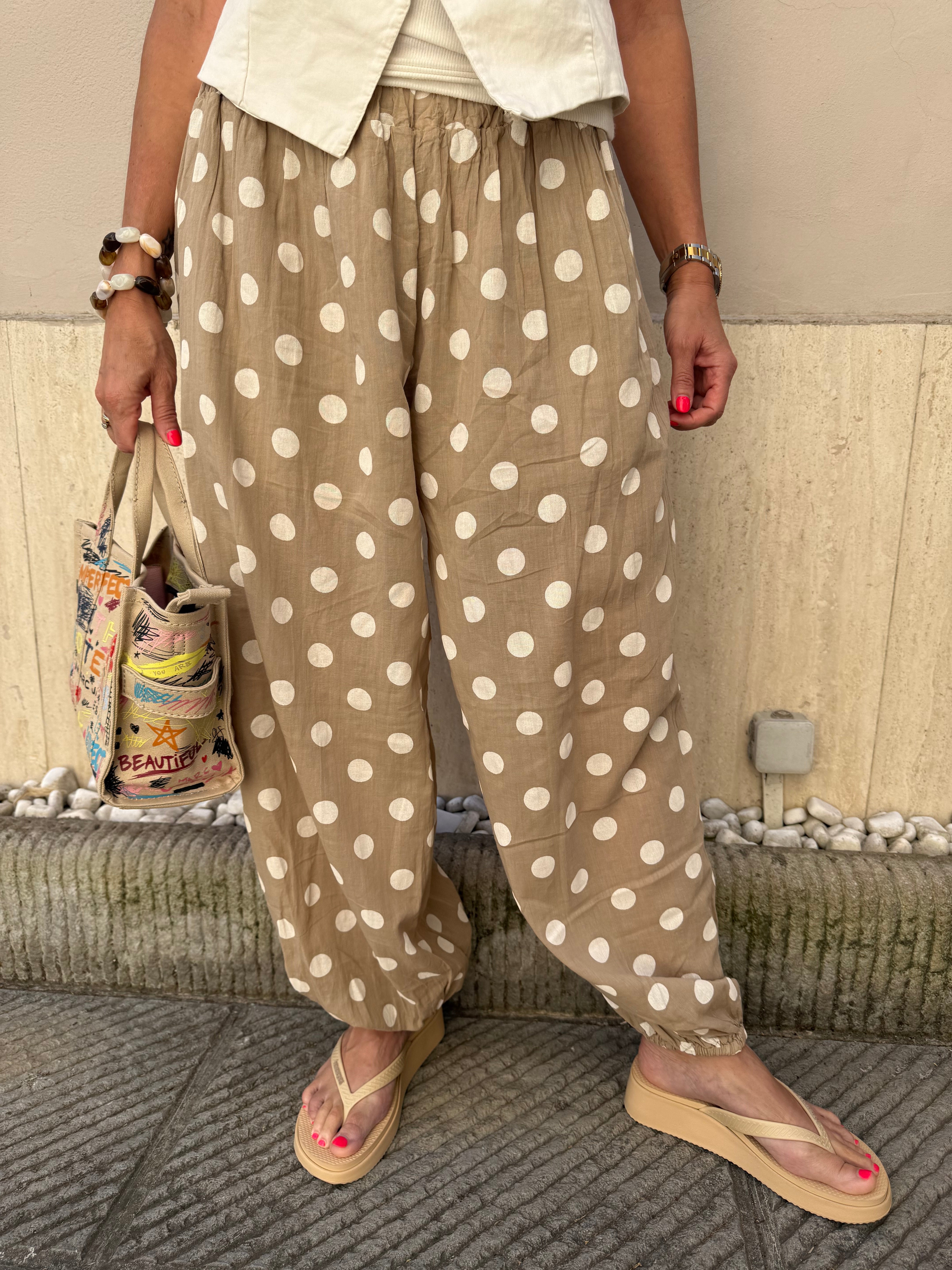Polka Dot Pants - Beige/White