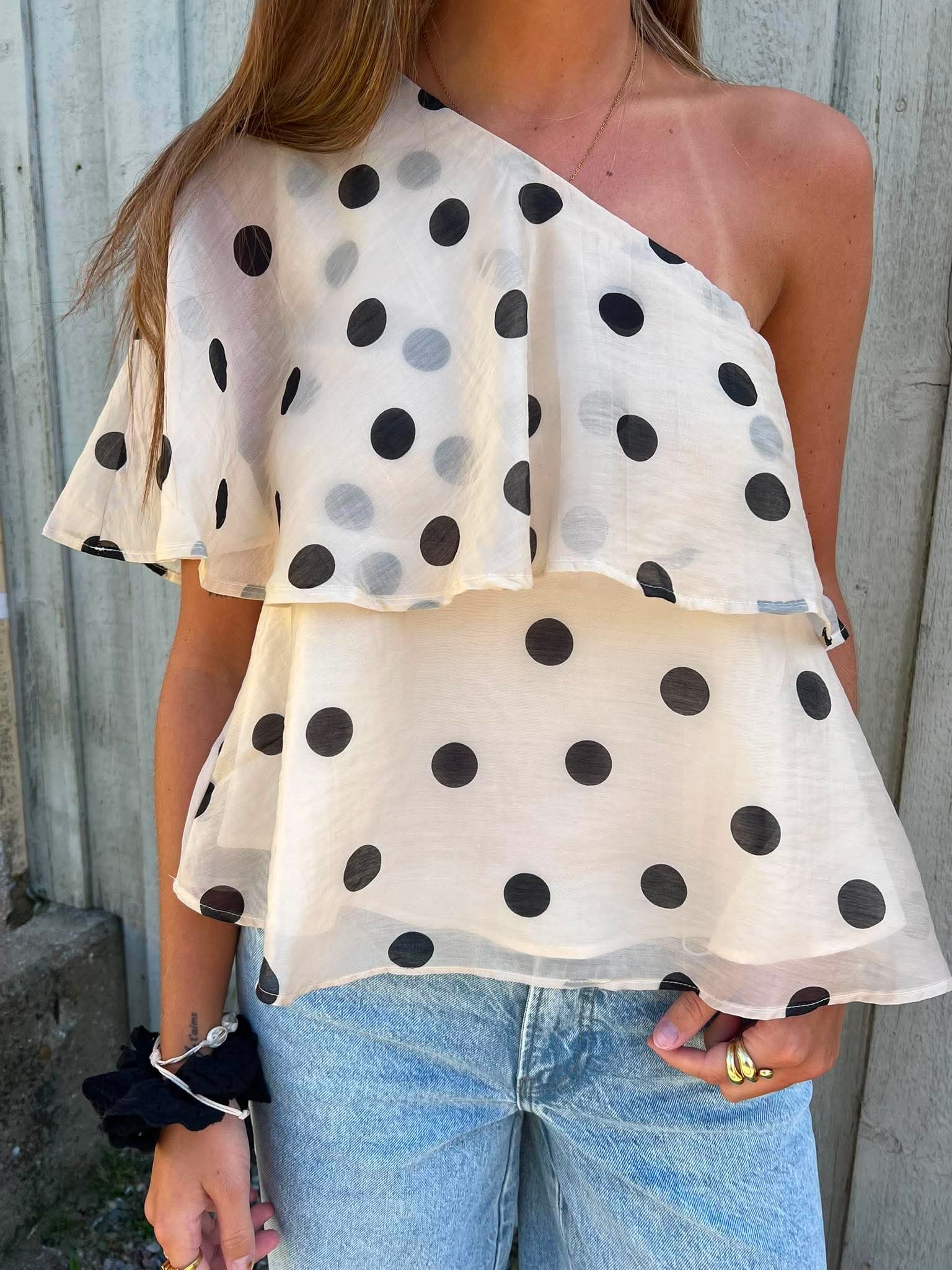 FAY LIFE ONE-SHOULDER TOP - Pristine BLACK DOT