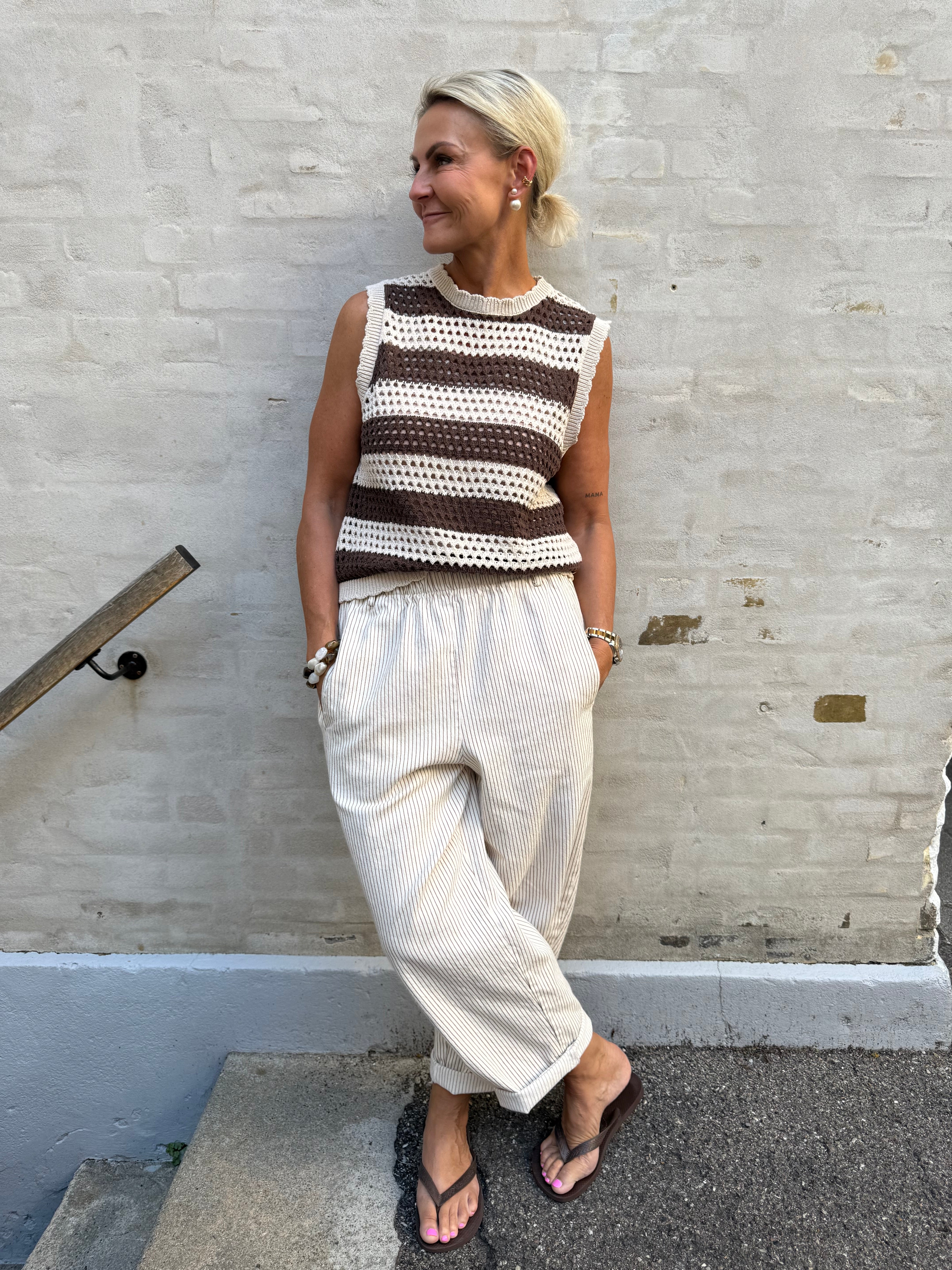 Paola Striped Pants - Off White/Light Beige