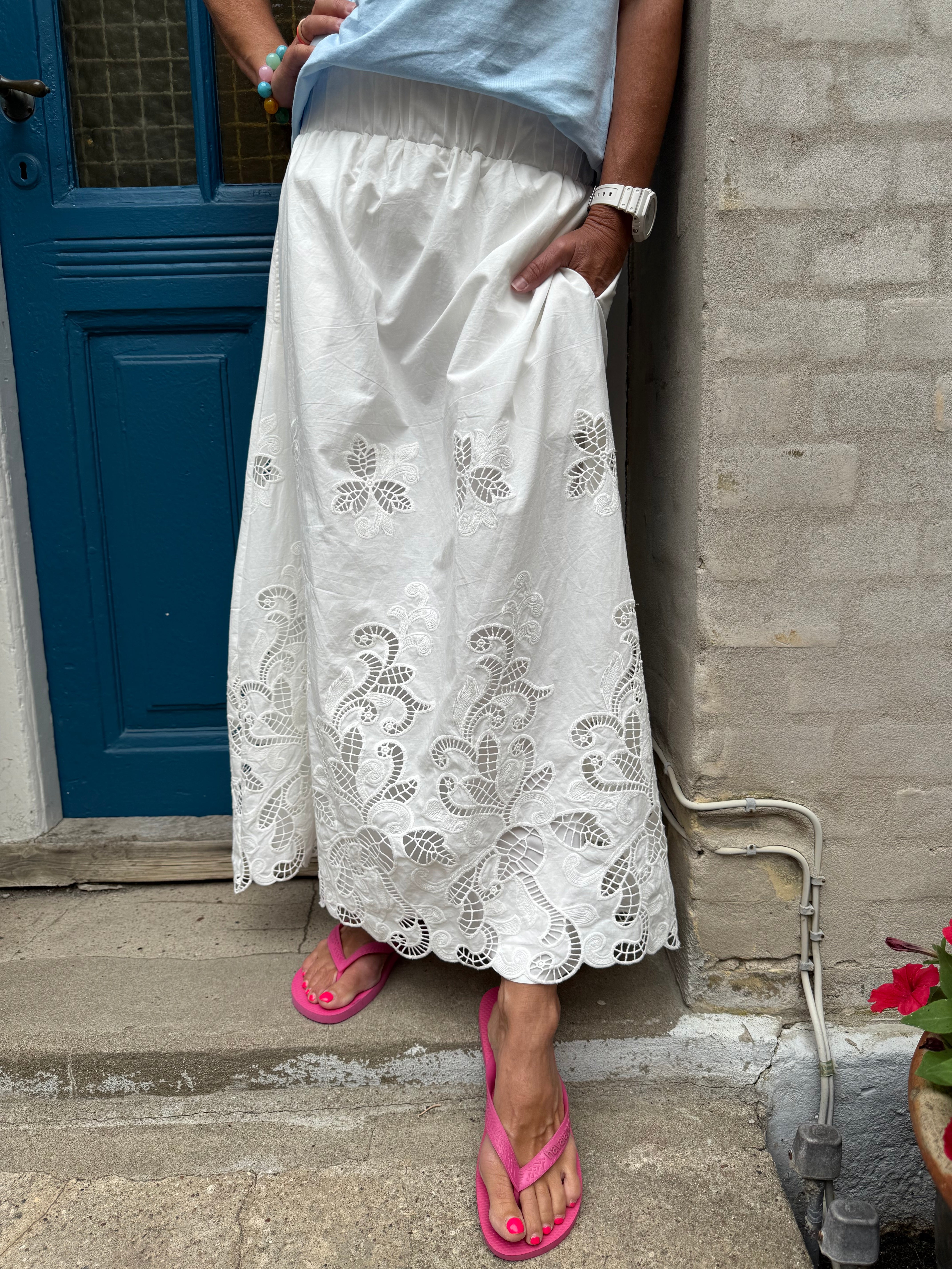 Yara Long EMB Skirt - White