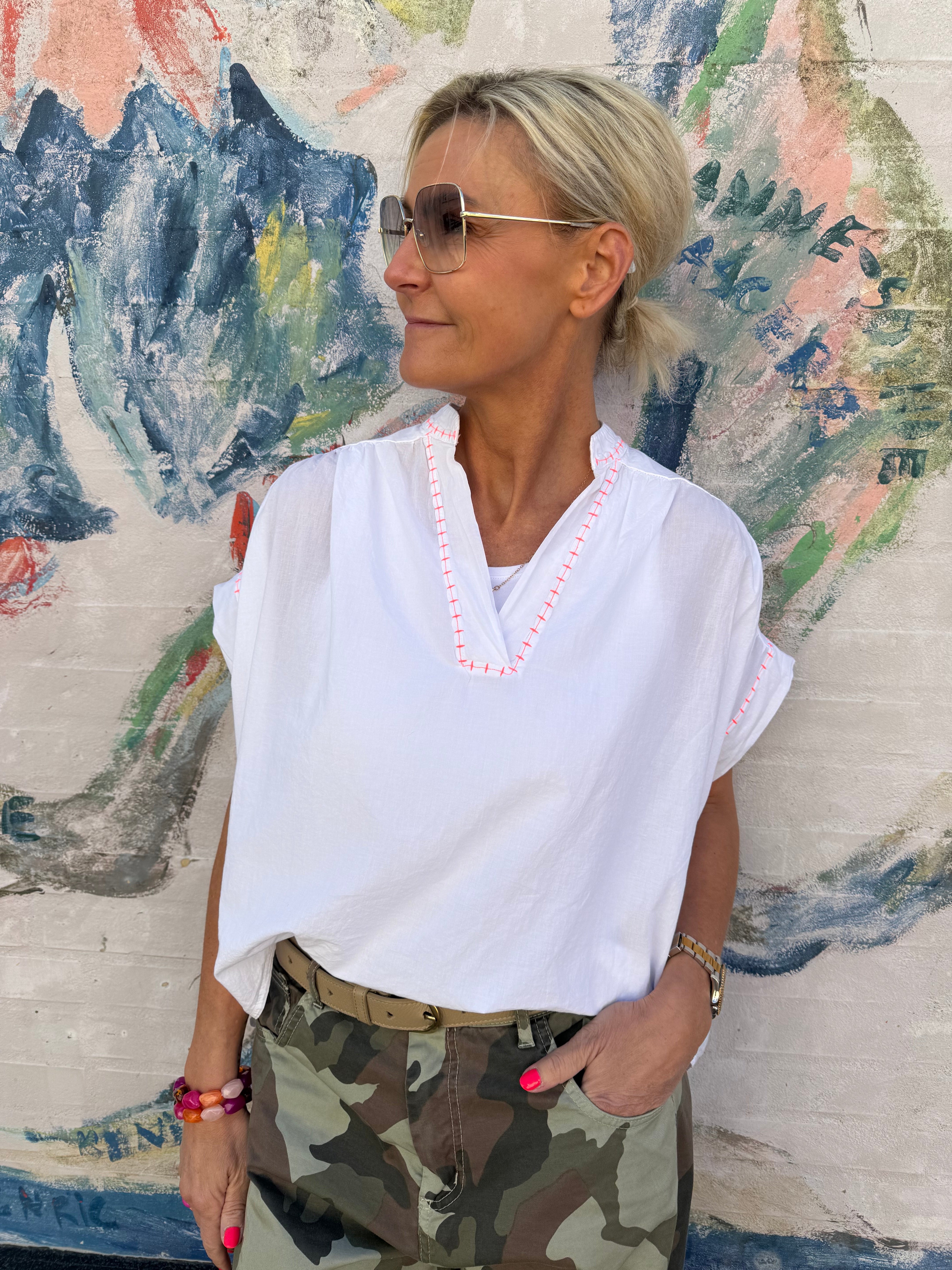 PREORDER-Stitching Blouse - White/Pink Flou
