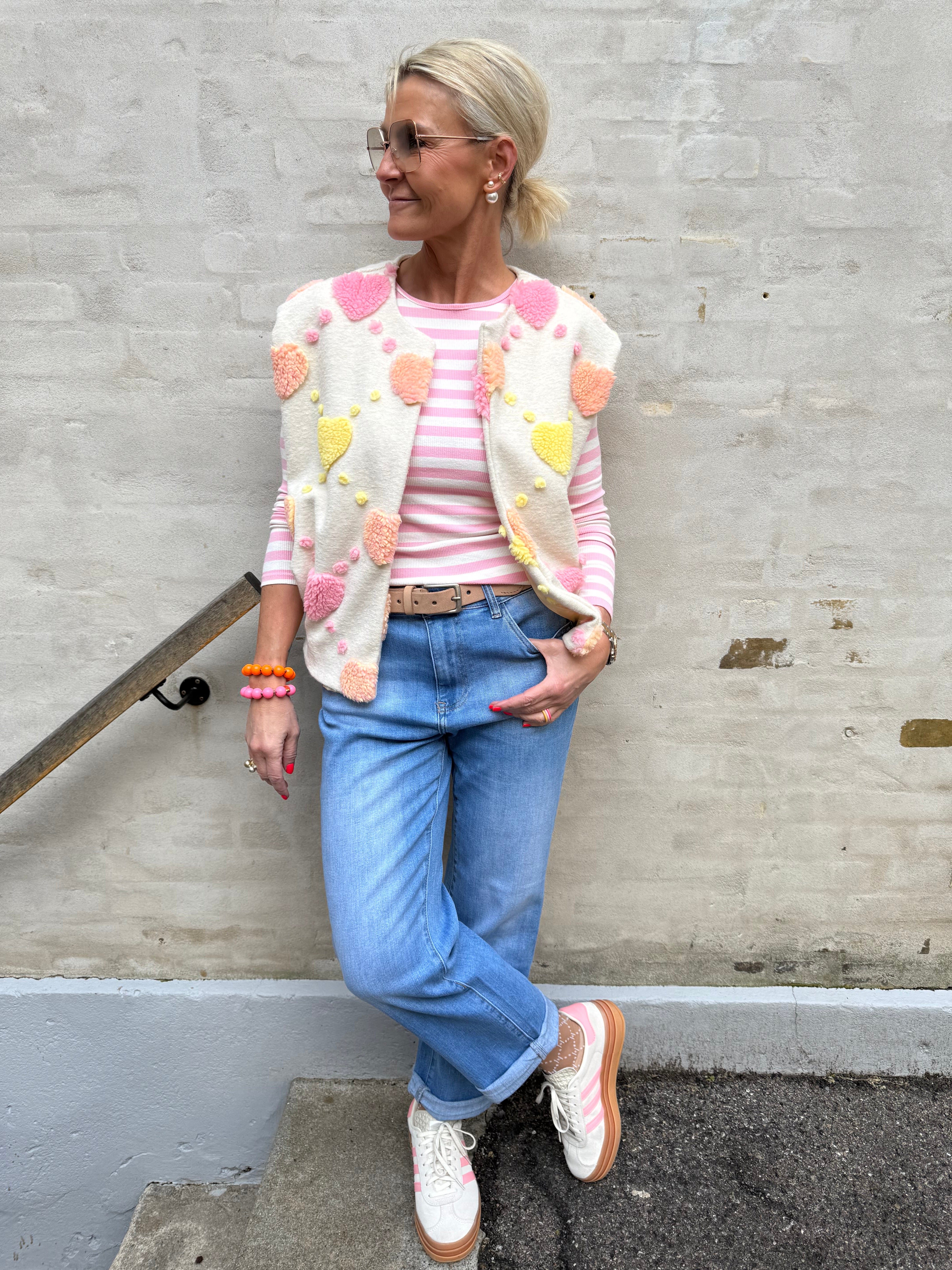 Frida Teddy Heart Vest - Benvit/Rosa/Gul