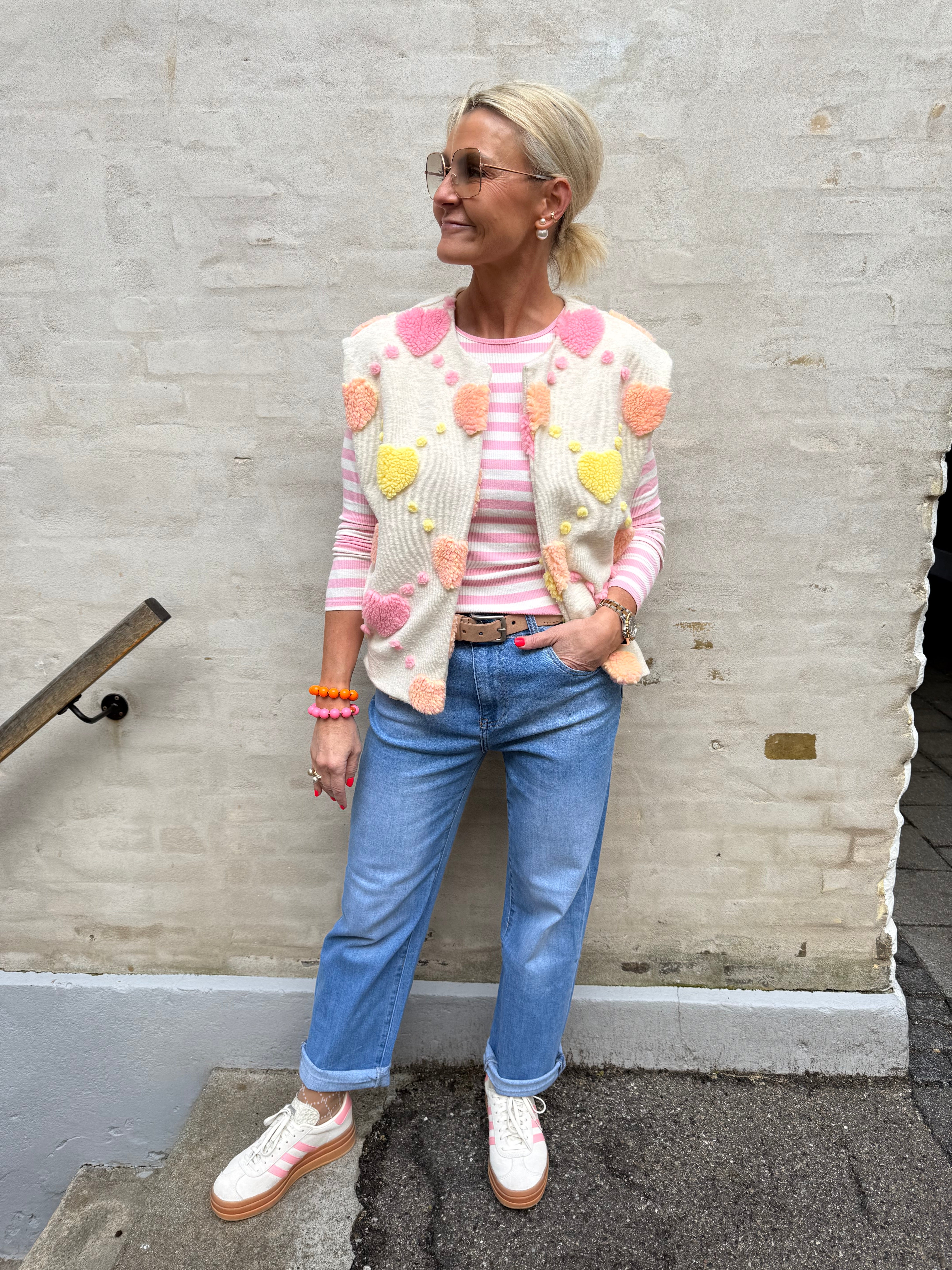 Frida Teddy Heart Vest - Benvit/Rosa/Gul