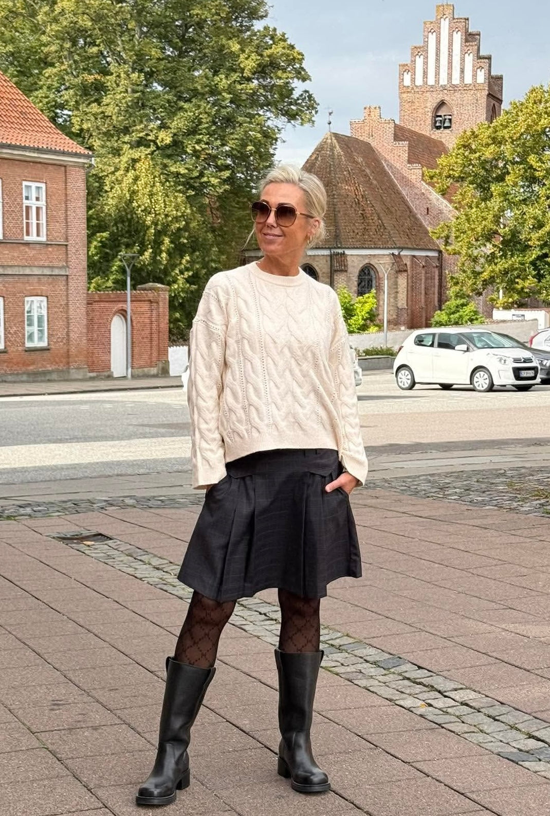 KATHY LS O-NECK CABLE KNIT - Birch MELANGE