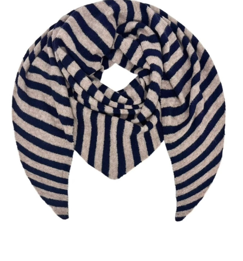 Big Knit Scarf w. Stripes - Navy Blue
