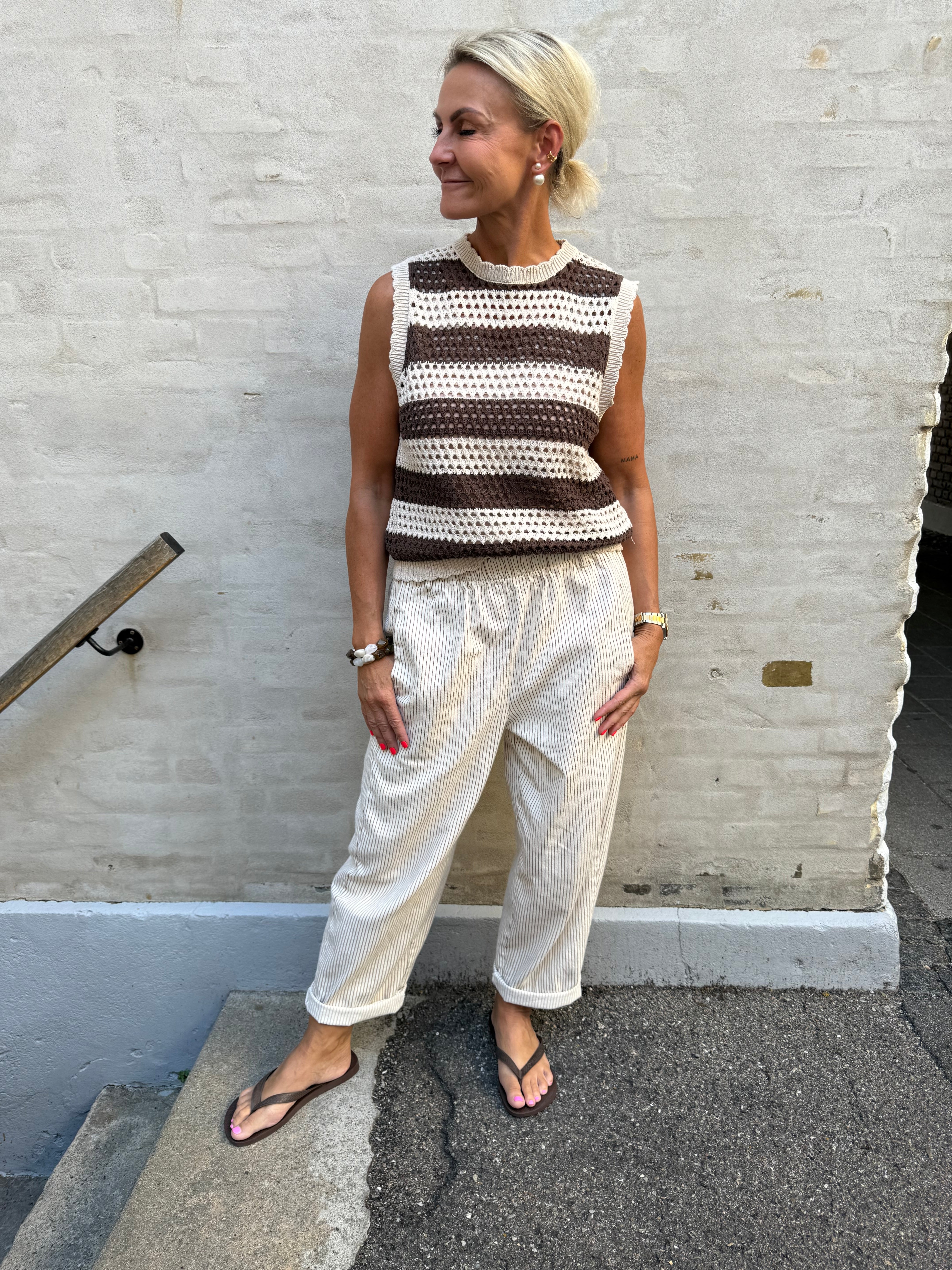 Paola Striped Pants - Off White/Light Beige