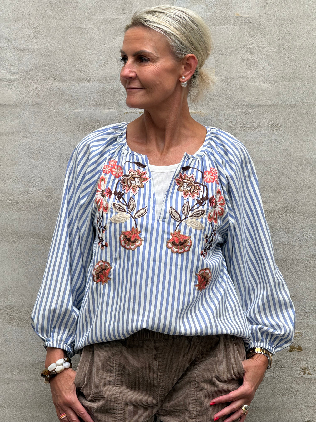 Boheme Shirt W/Embrodery & Stripes - Blue