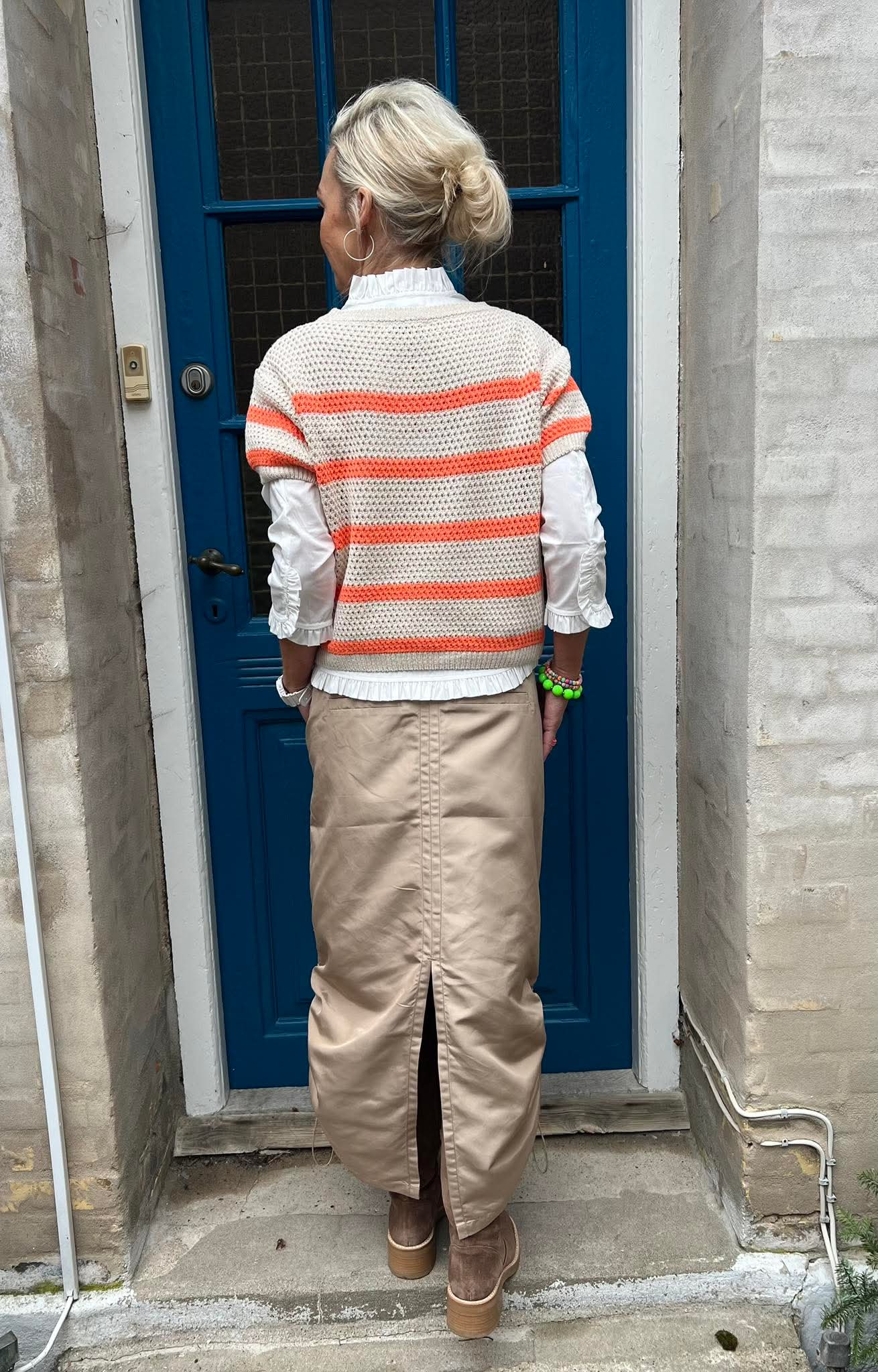 Stickad randig T-shirt - Benvit/Orange