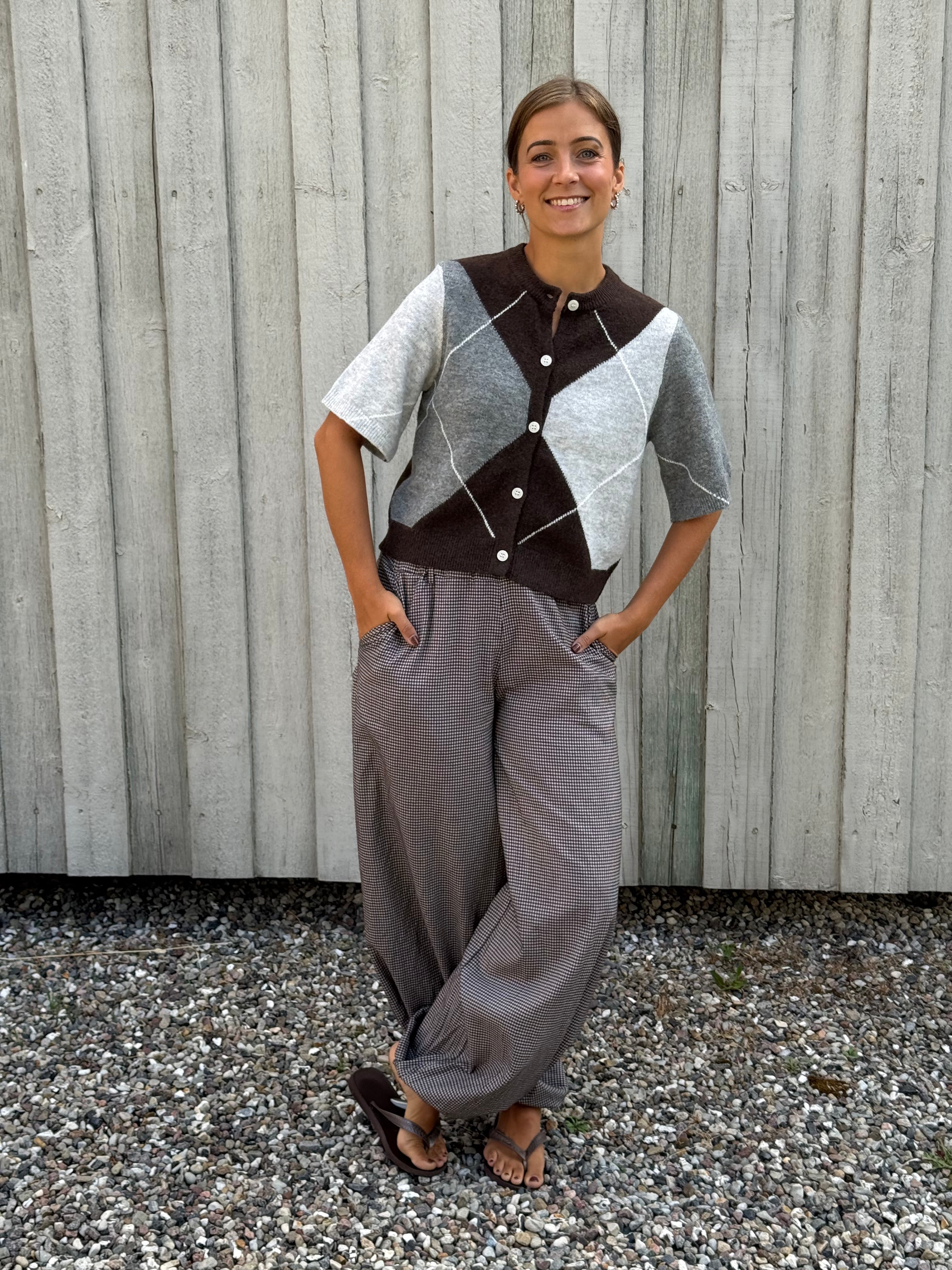 SALLY SS KNIT CHECK CARDIGAN - Hot Fudge/GREY/BIRCH