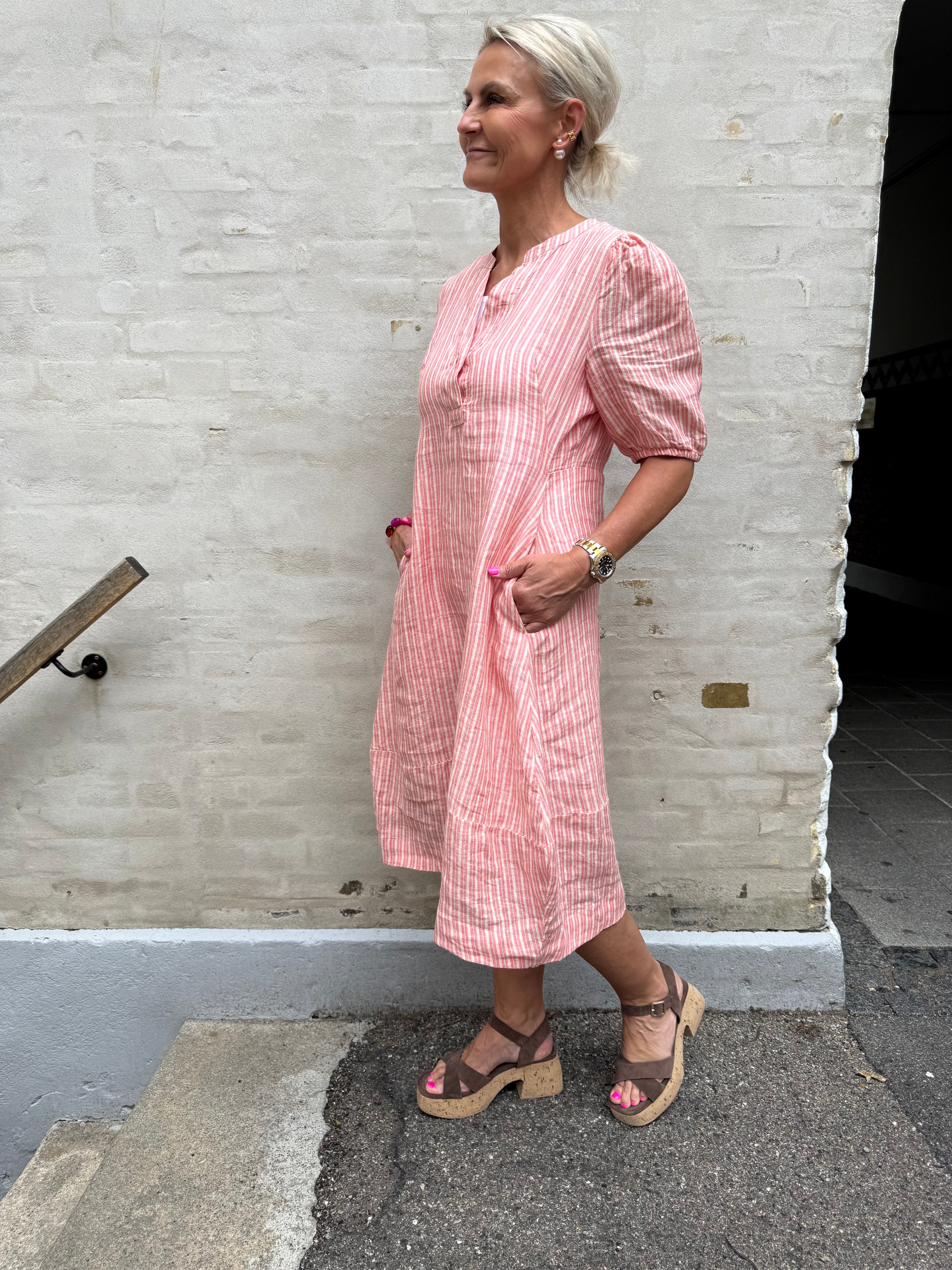 Aniela Molly SS Placket Dress - Sugar Coral/Whitecap Stripe
