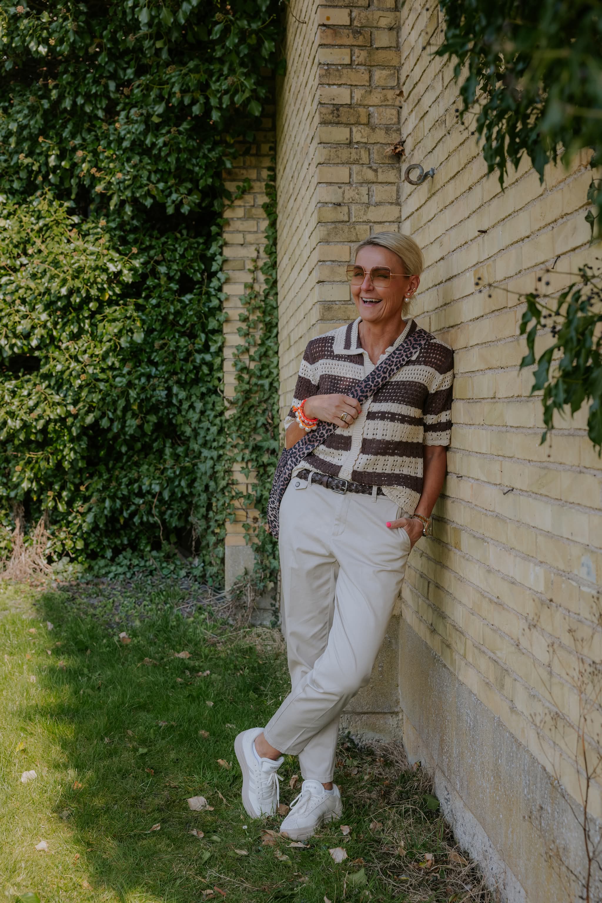 ROBIN 2/4 COLLAR CARDIGAN -  Sandshell WITH BRACKEN STRIPES