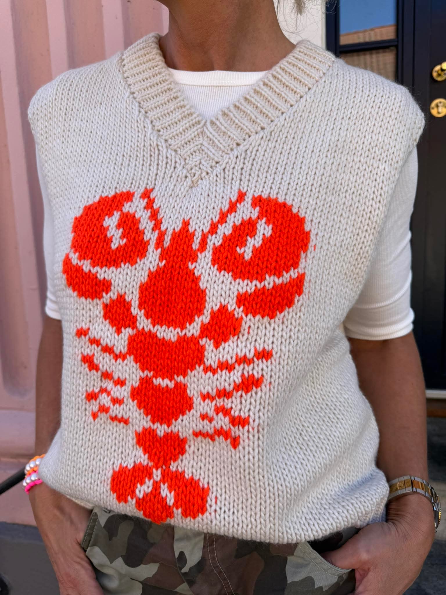 Lobster V-neck Knit Vest -  Off White/Orange Fluo