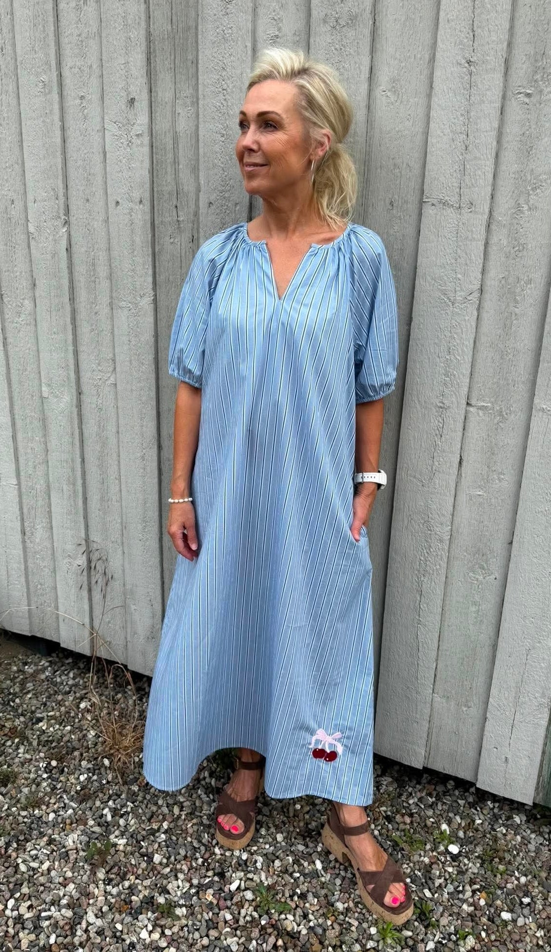 Cherry Dress - Light Blue Print