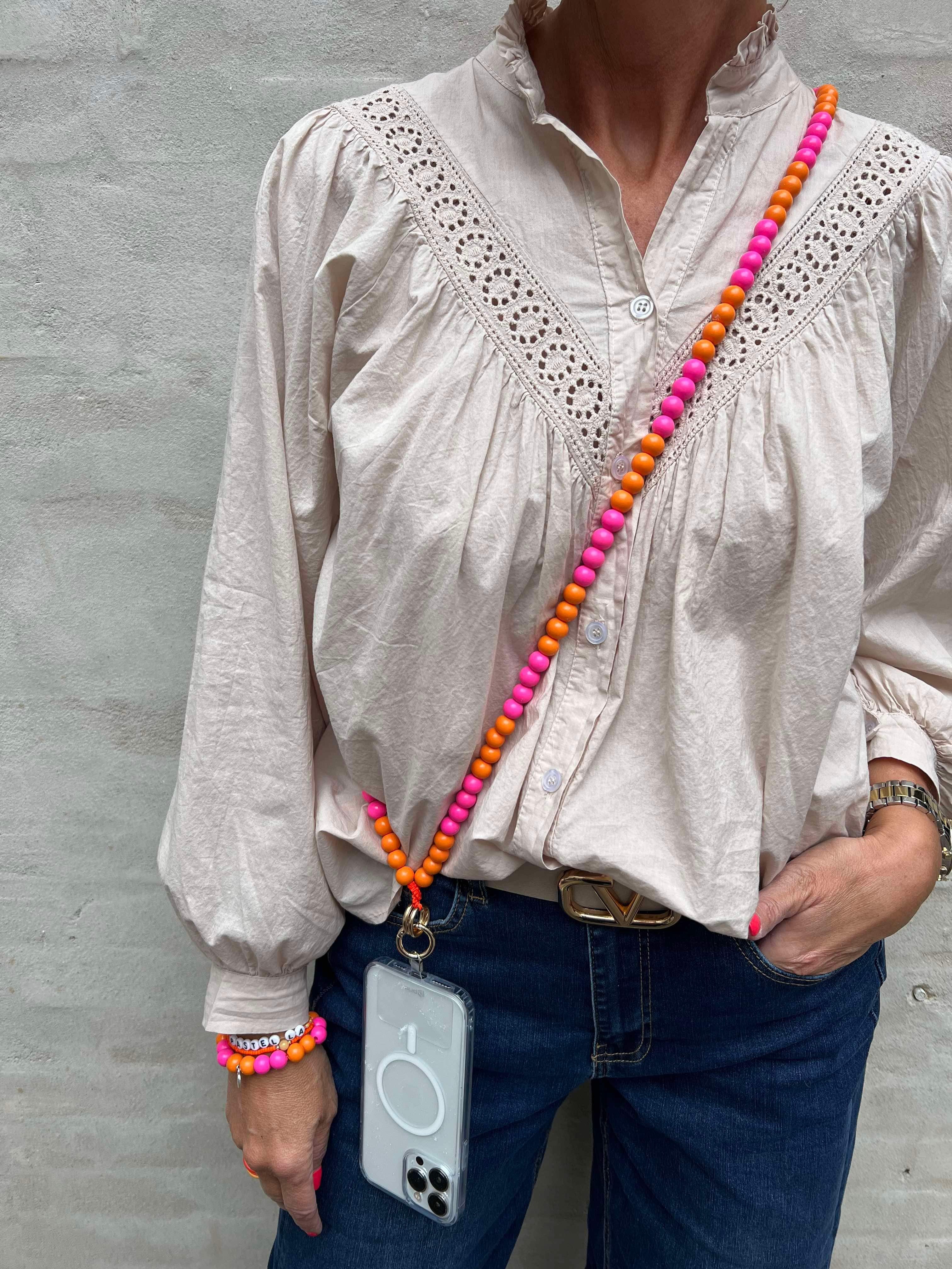 Telefonkedja i timmer orange/neonrosa