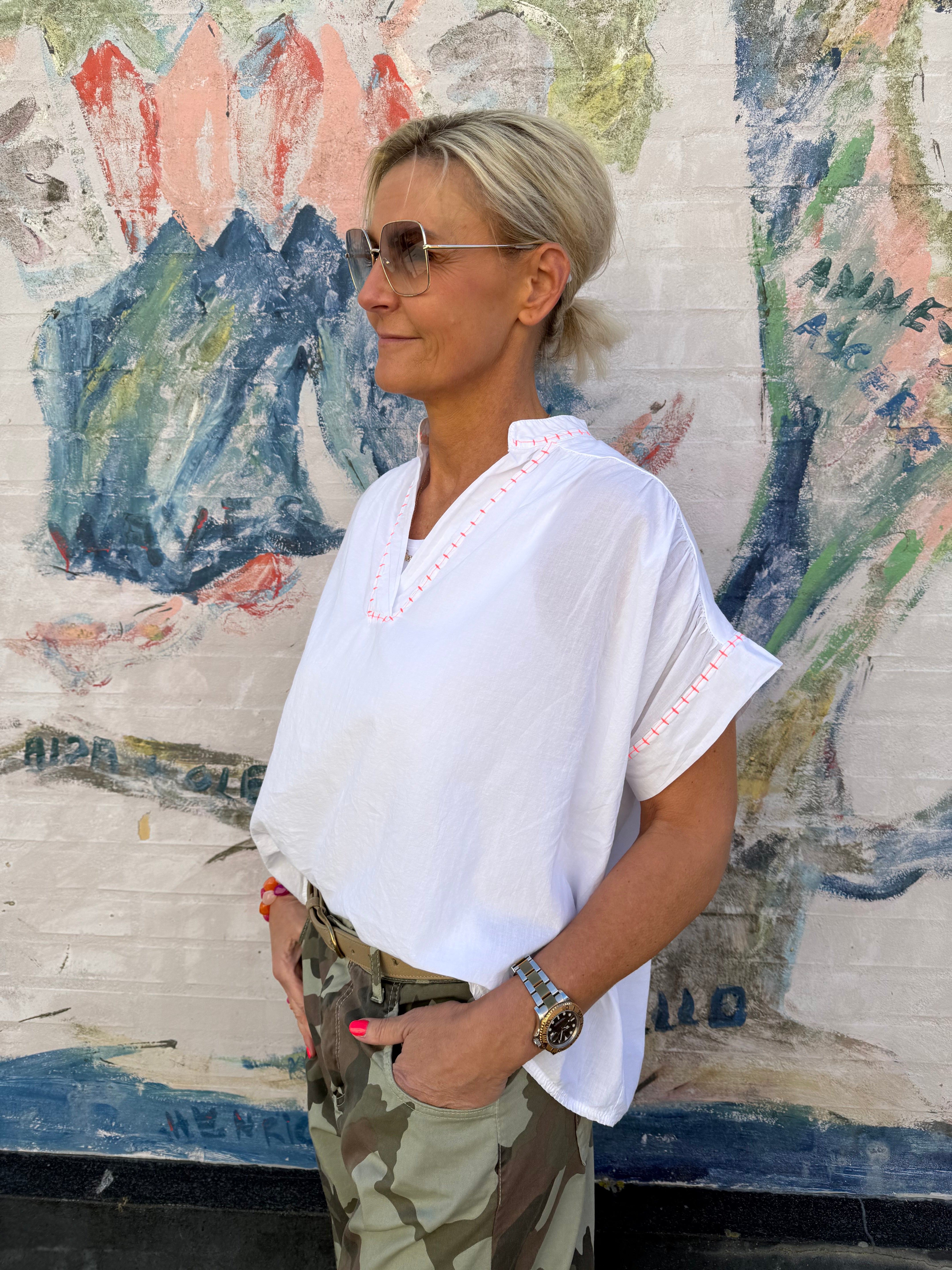 PREORDER-Stitching Blouse - White/Pink Flou