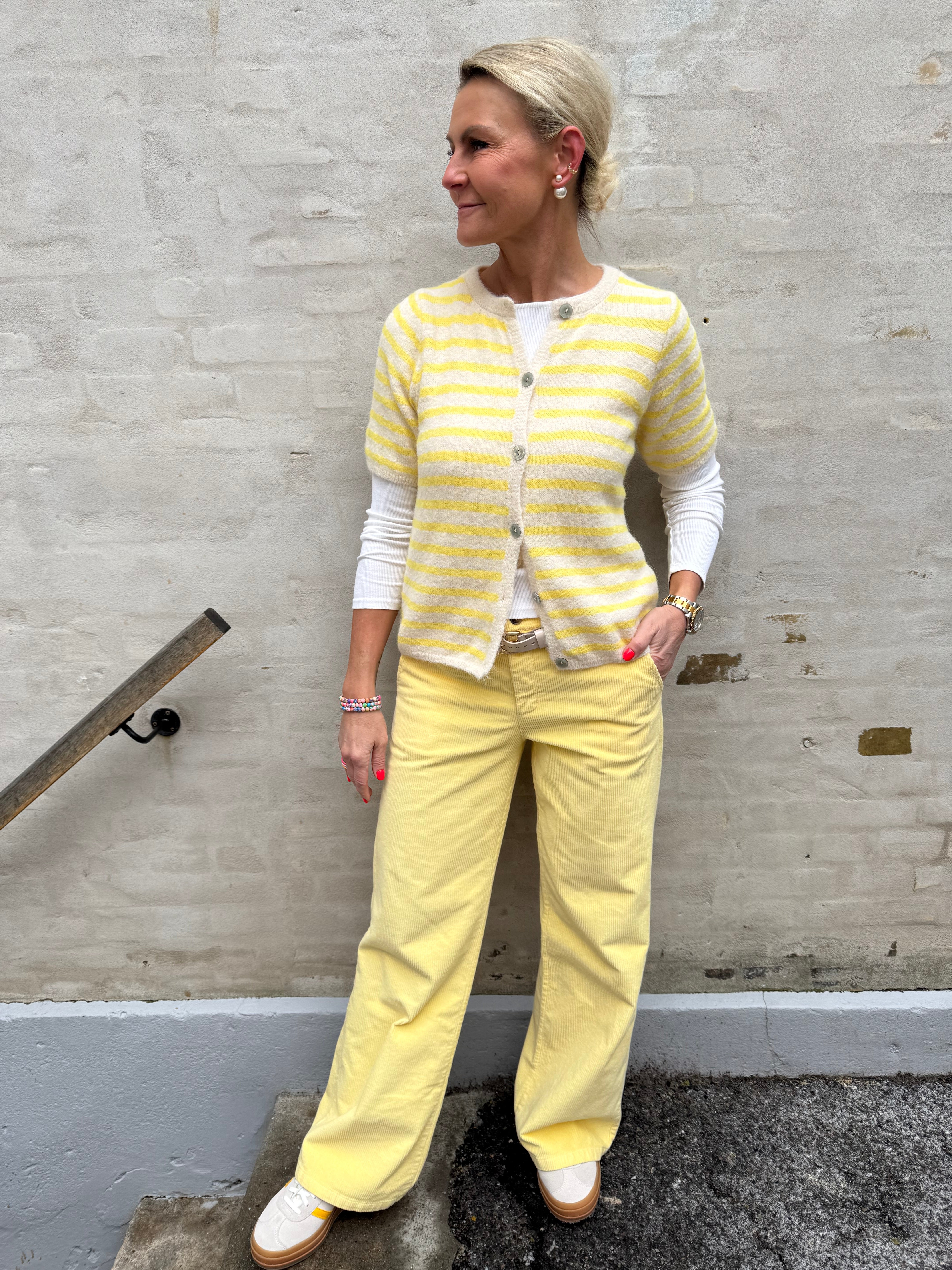 Randig T-shirt Cardigan - Benvit/Gul