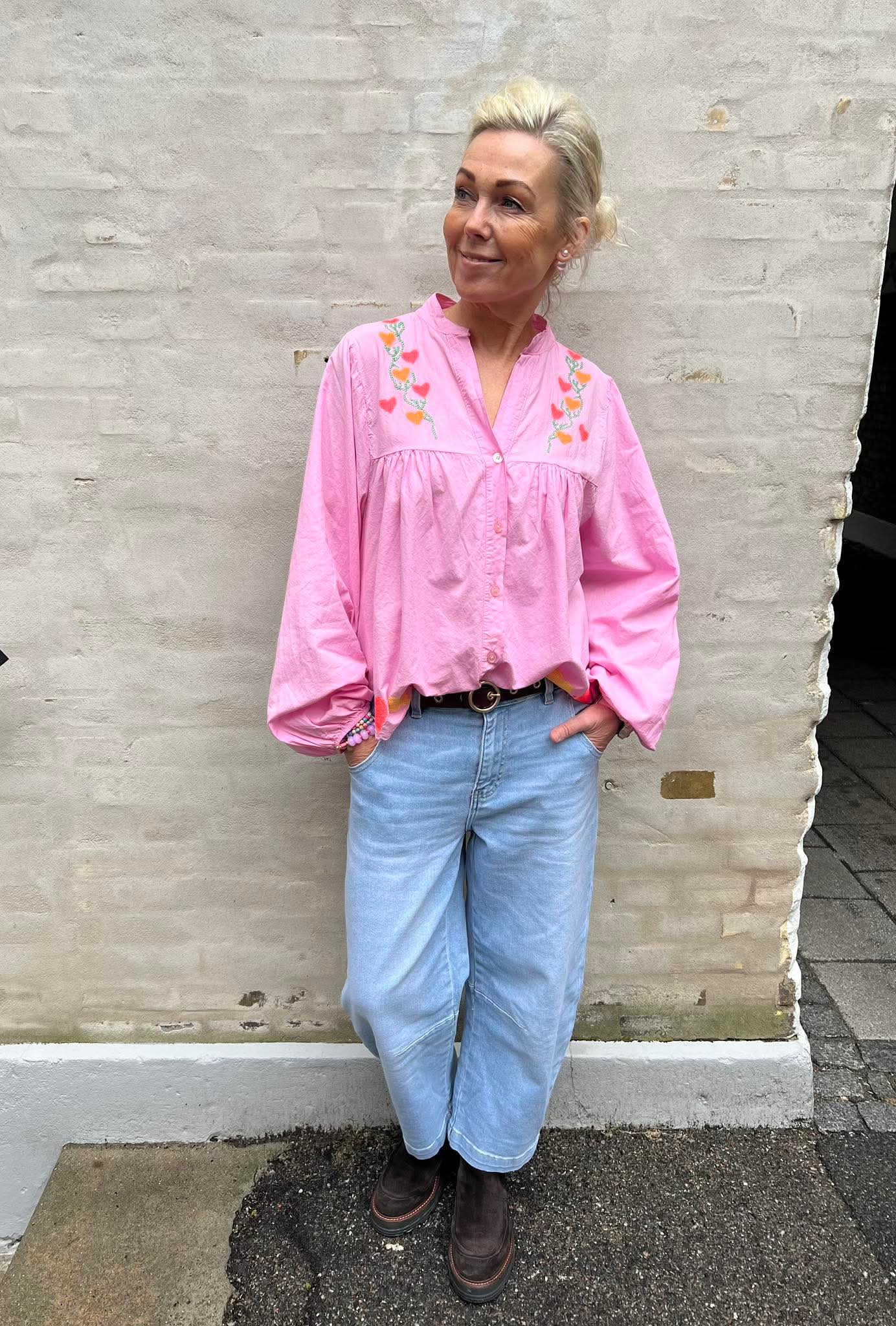 Lux skjorta m. Broderi - Rosa