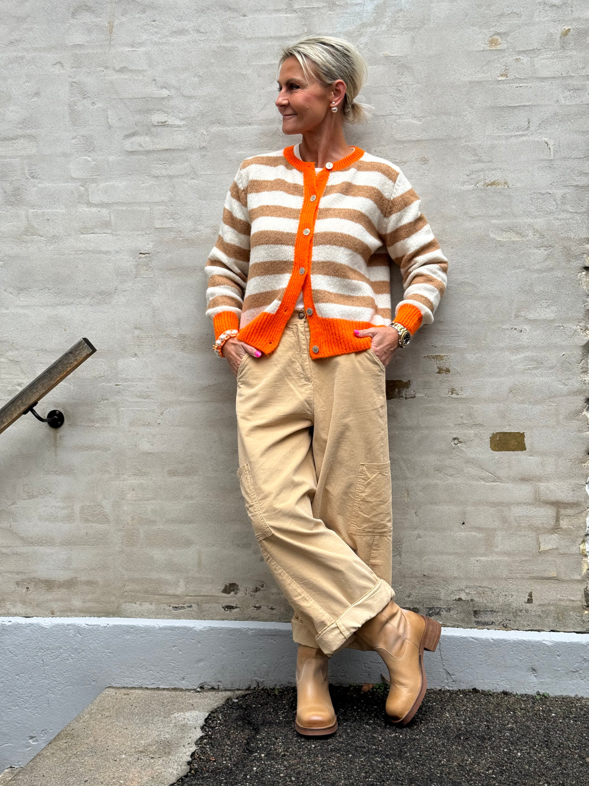 Pipi Striped Cardigan - Off White/Camel/Orange
